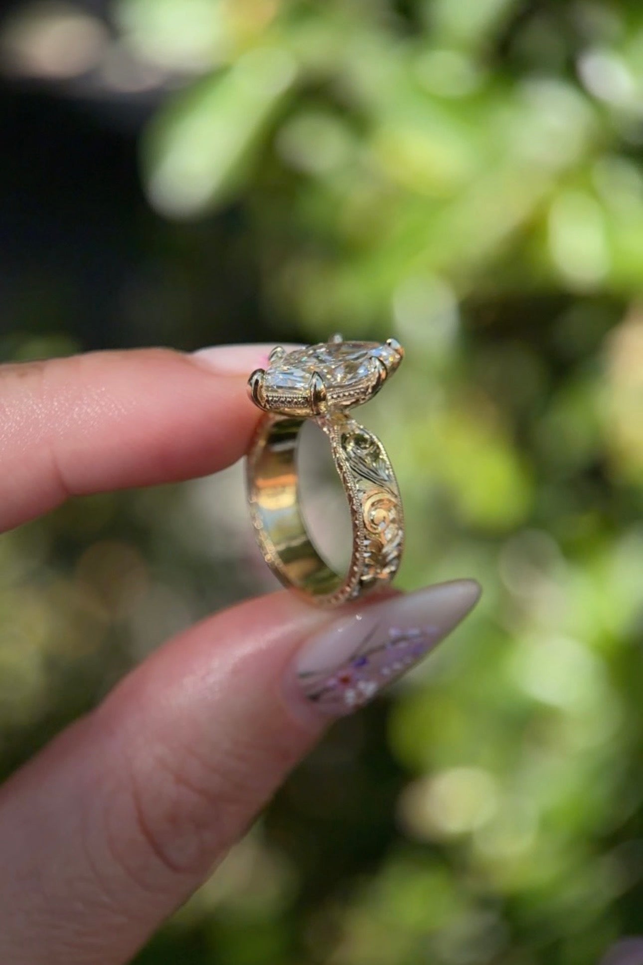 3.02ct D - VS1 Marquise Lab Diamond Hand Engraved Flat Taper Ring - PBD Engagement Rings