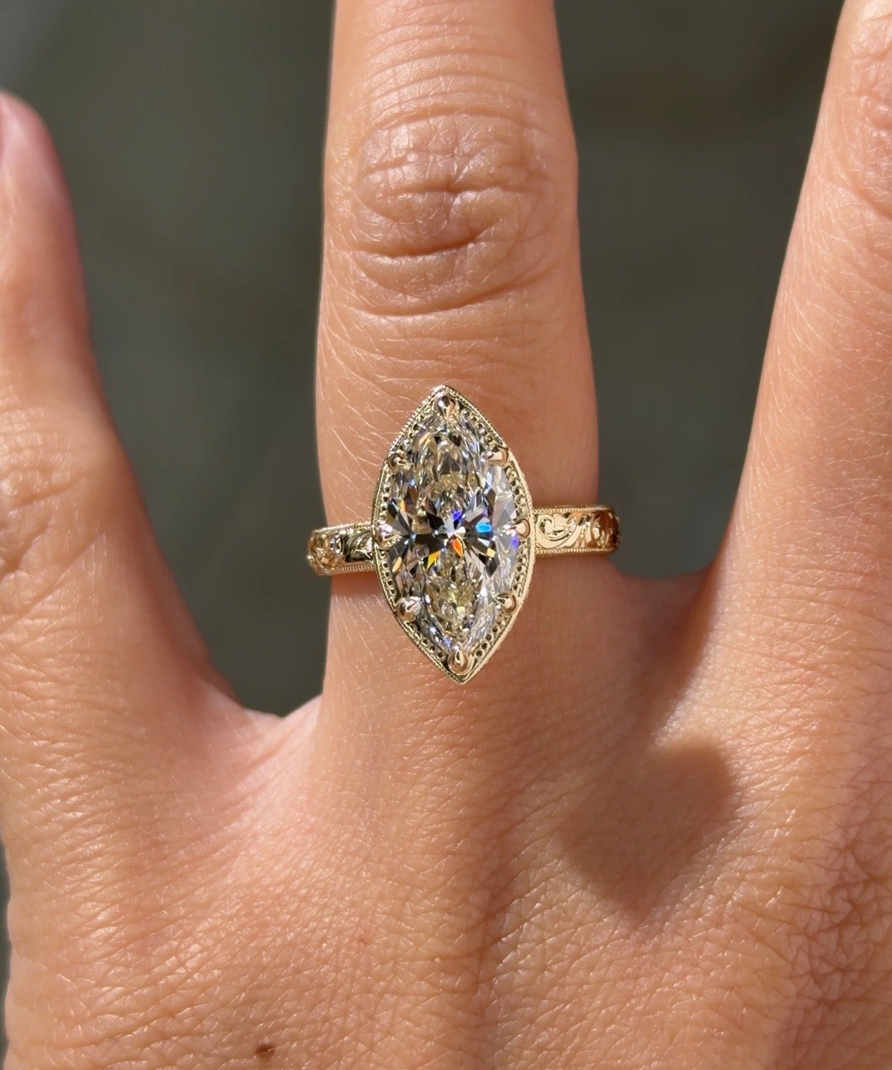 3.02ct E-VVS2 Marquise Lab Diamond Hand Engraved Georgia - PBD Engagement Rings
