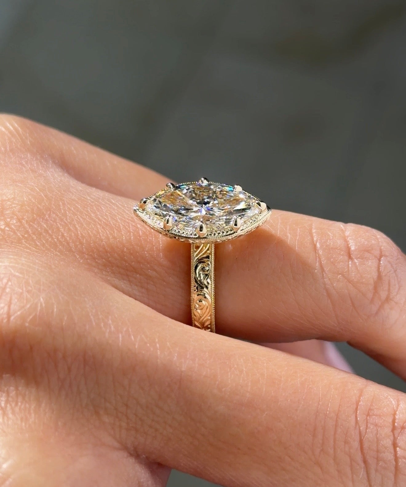 3.02ct E-VVS2 Marquise Lab Diamond Hand Engraved Georgia - PBD Engagement Rings