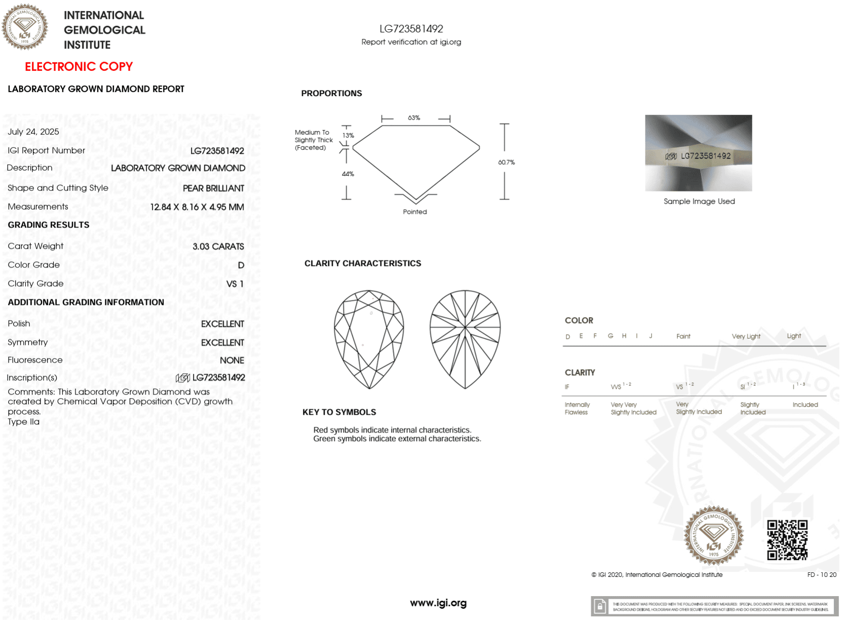 3.03 Carat D - VS1 Pear Lab Grown Diamond - IGI (122836) - PBD Loose Diamond