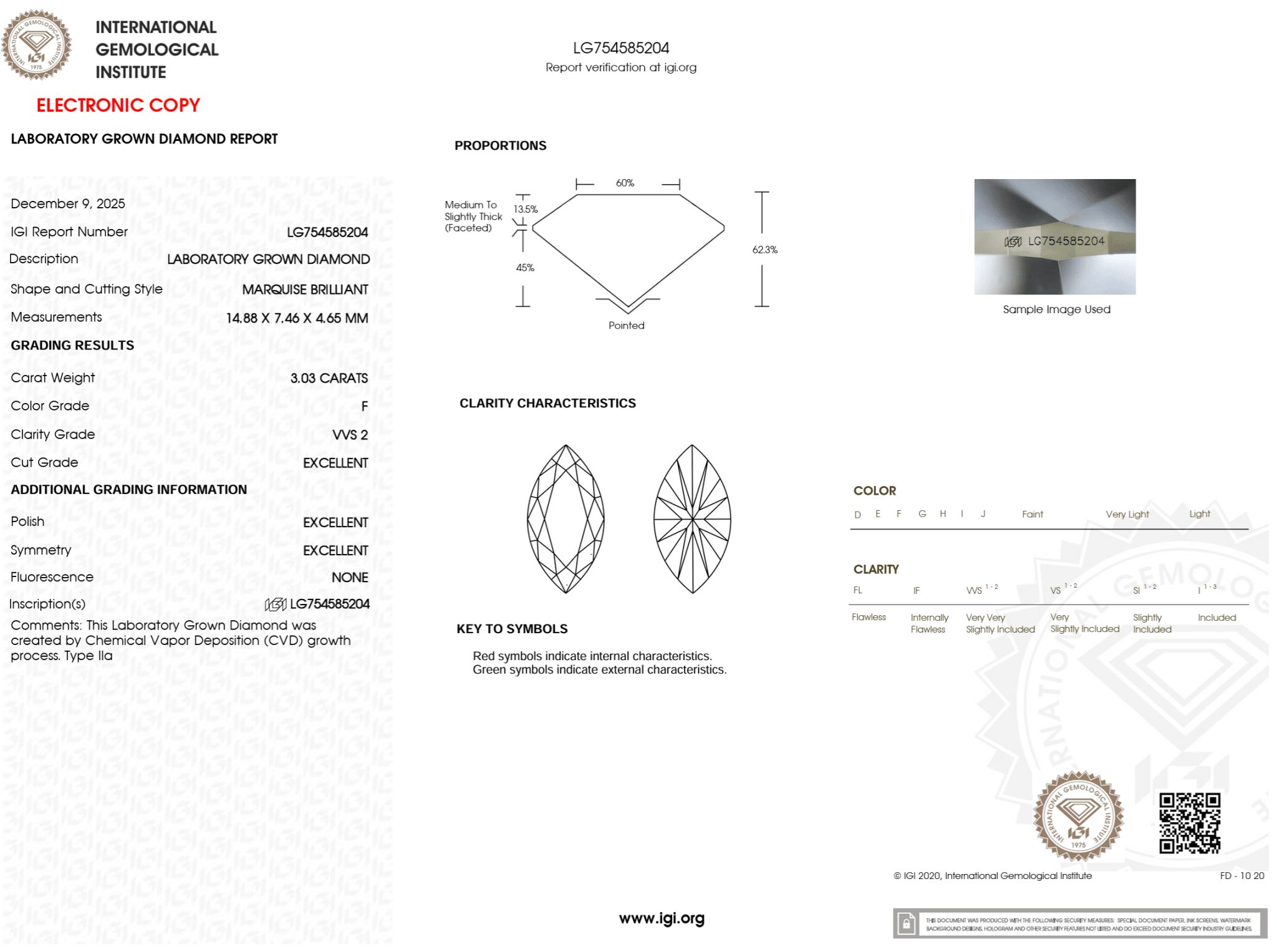 3.03 Carat F - VVS2 Excellent Cut Marquise Lab Grown Diamond - IGI (125873) - PBD Loose Diamond