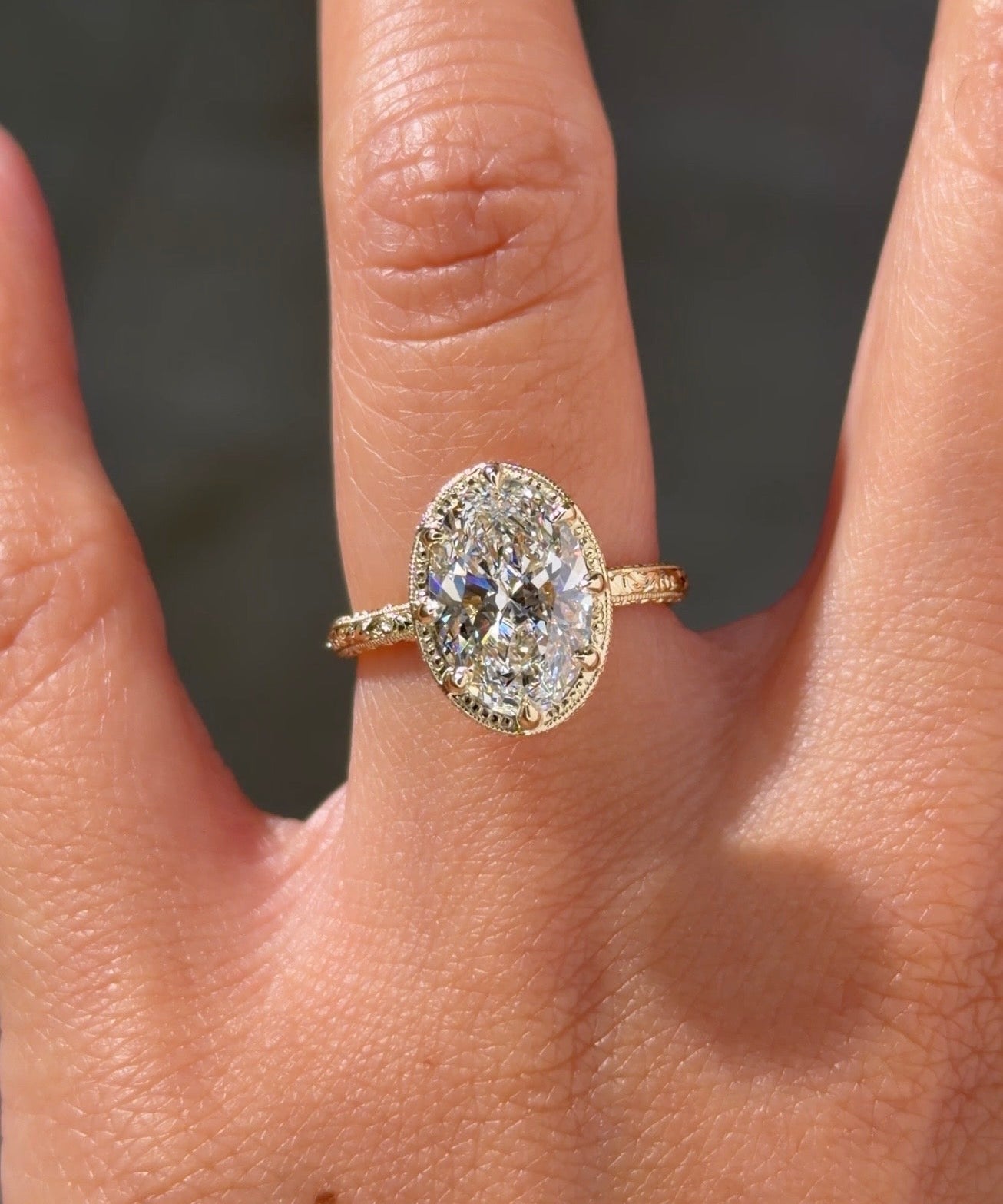 3.03ct D-VS1 Oval Lab Diamond Hand Engraved Georgia - PBD Engagement Rings