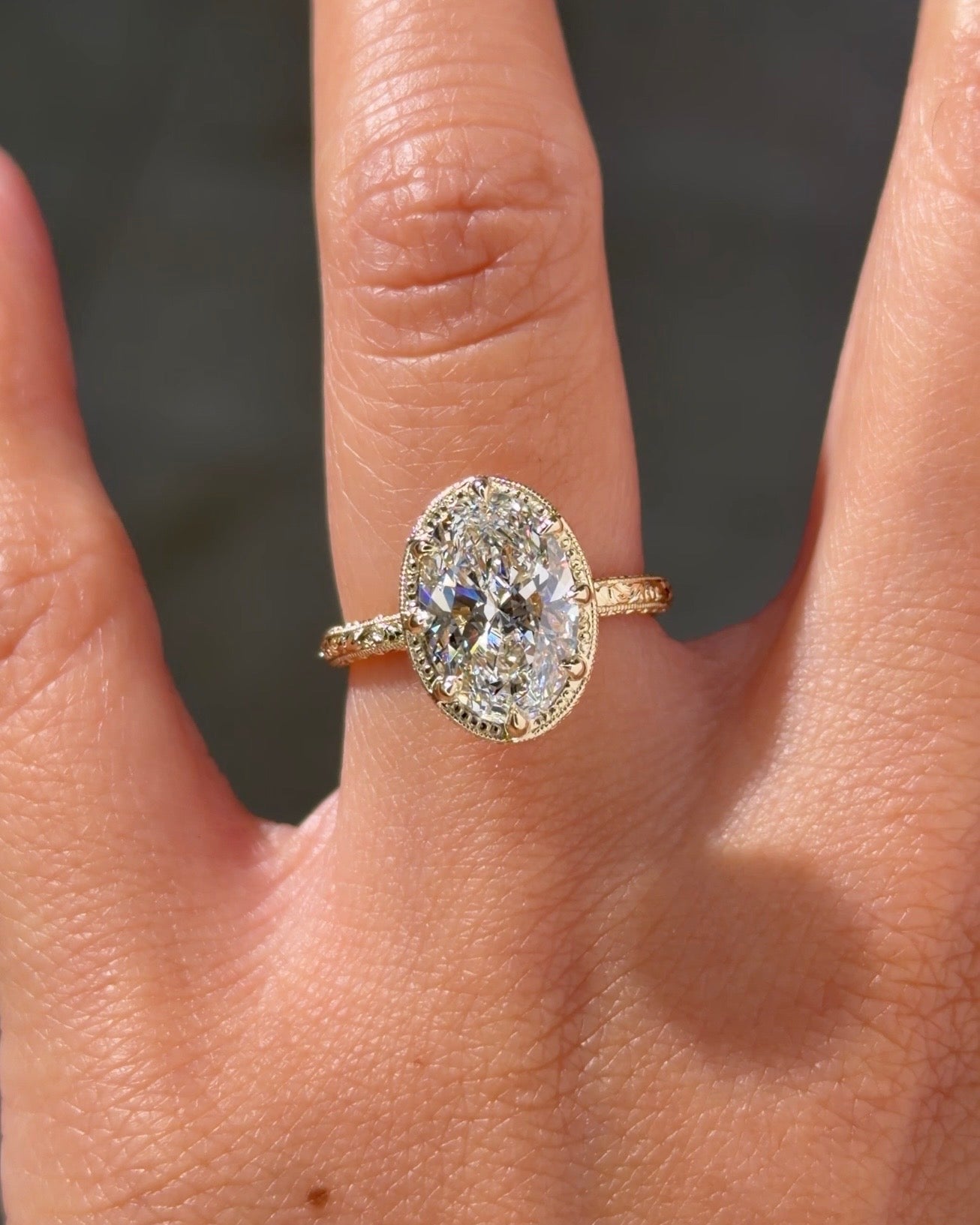 3.03ct D-VS1 Oval Lab Diamond Hand Engraved Georgia - PBD Engagement Rings