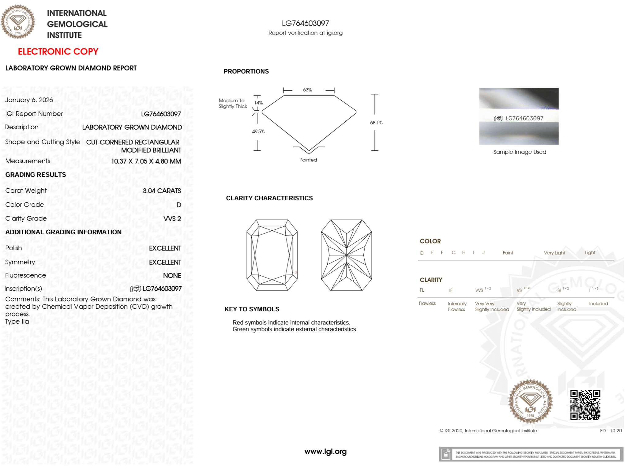 3.04 Carat D - VVS2 Radiant Lab Grown Diamond - IGI (124128) - PBD Loose Diamond