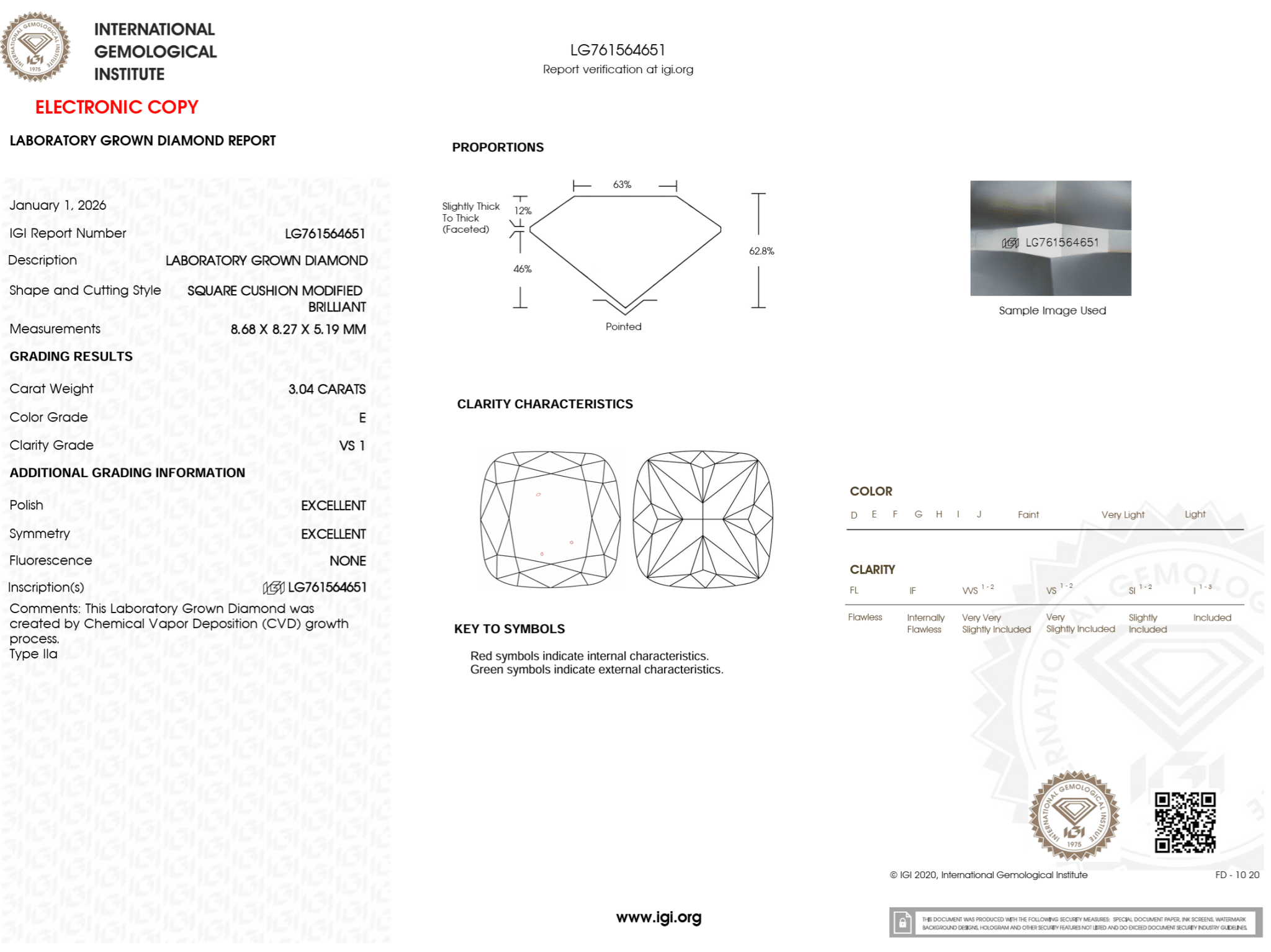 3.04 Carat E - VS1 Cushion Lab Grown Diamond - IGI (125471) - PBD Loose Diamond