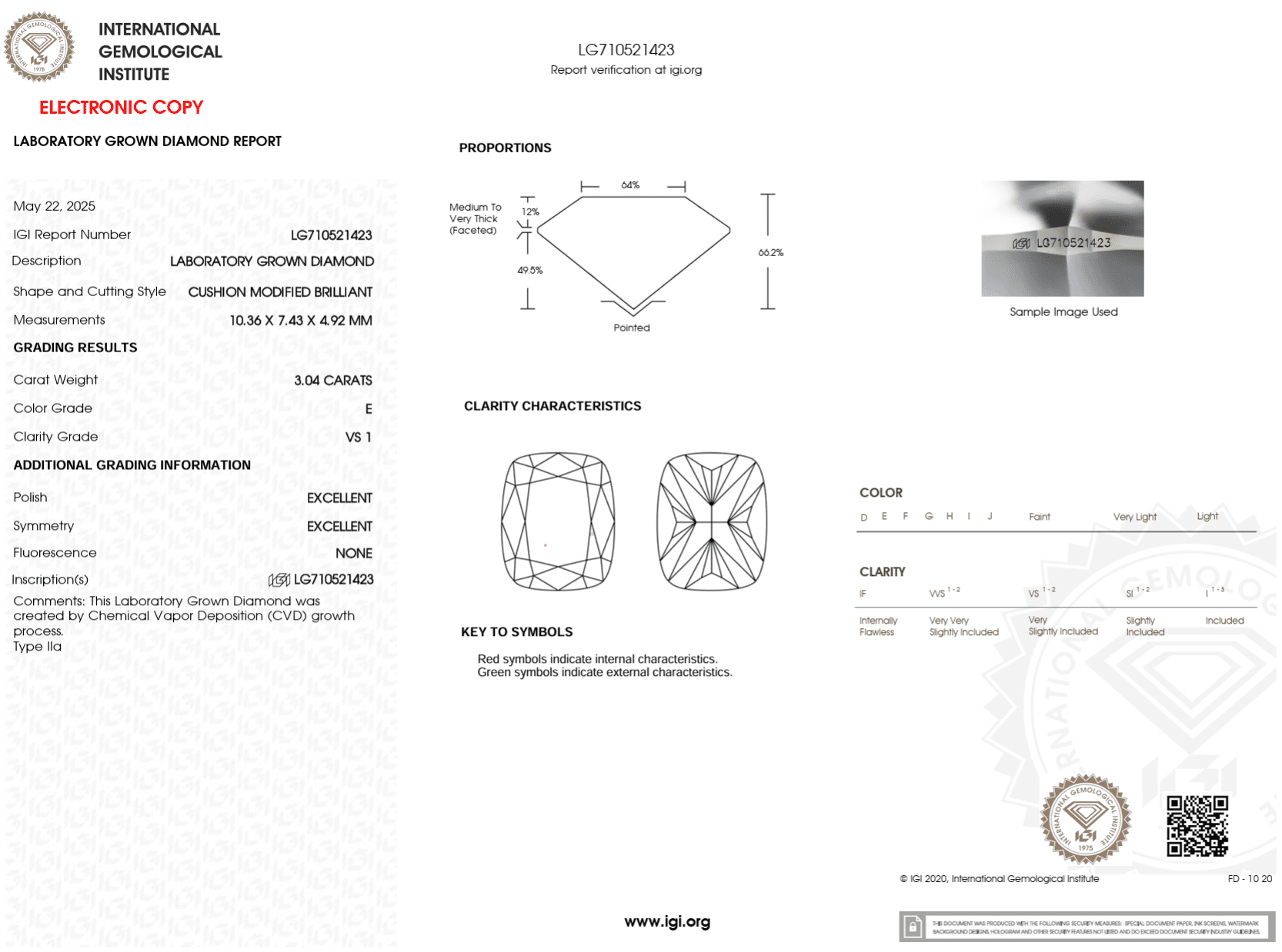 3.04 Carat E - VS1 Elongated Cushion Lab Grown Diamond - IGI (122838) - PBD Loose Diamond