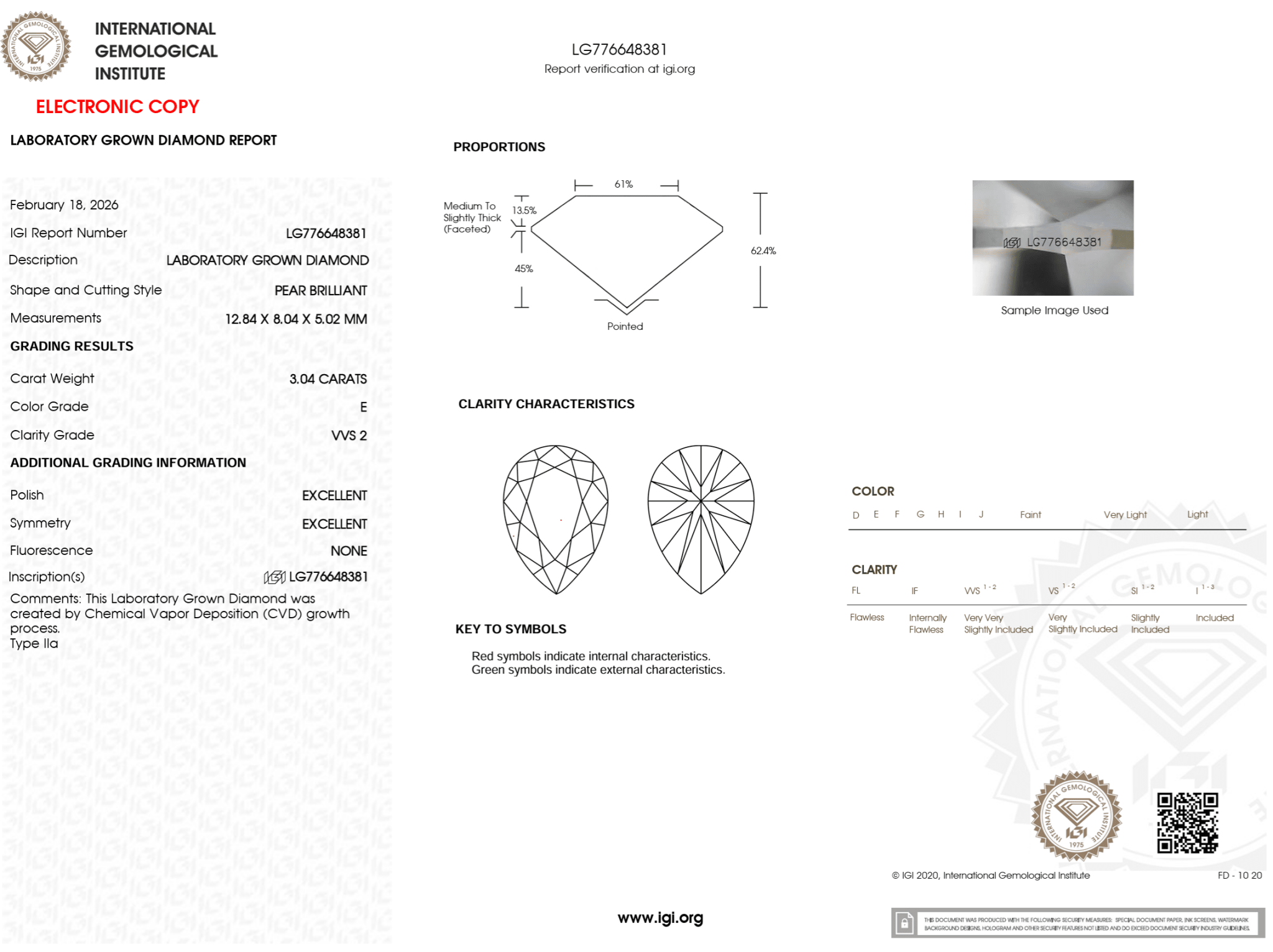 3.04 Carat E - VVS2 Pear Lab Grown Diamond - IGI (124549) - PBD Loose Diamond