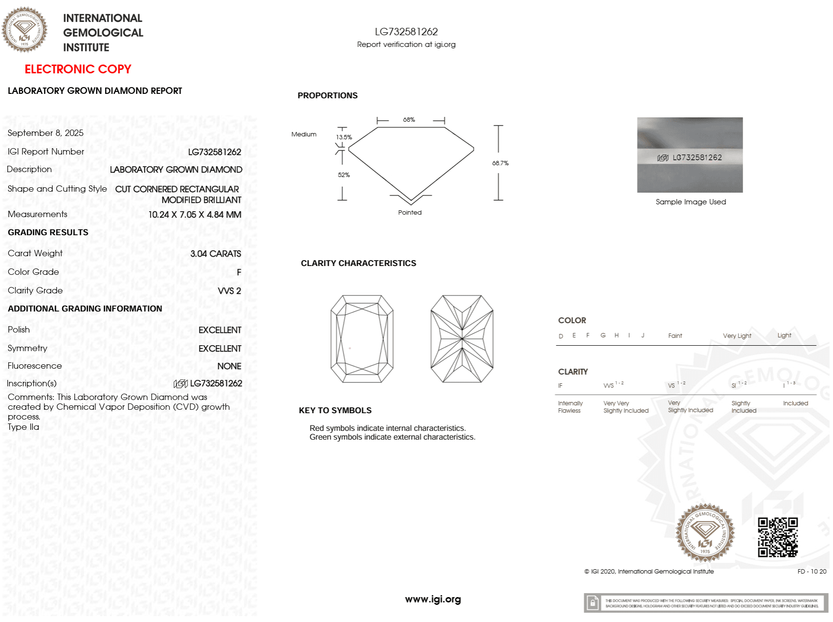 3.04 Carat F - VVS2 Radiant Lab Grown Diamond - IGI (122933) - PBD Loose Diamond