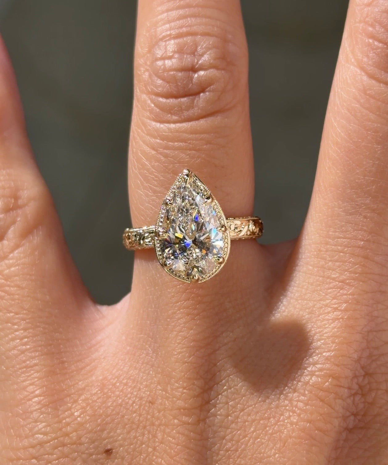 3.04ct E-VVS2 Pear Lab Diamond Hand Engraved Georgia - PBD Engagement Rings