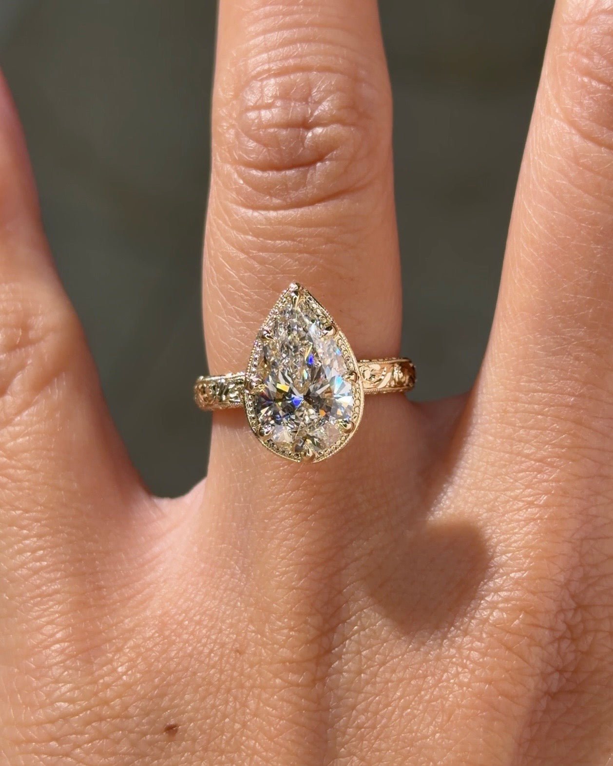 3.04ct E-VVS2 Pear Lab Diamond Hand Engraved Georgia - PBD Engagement Rings