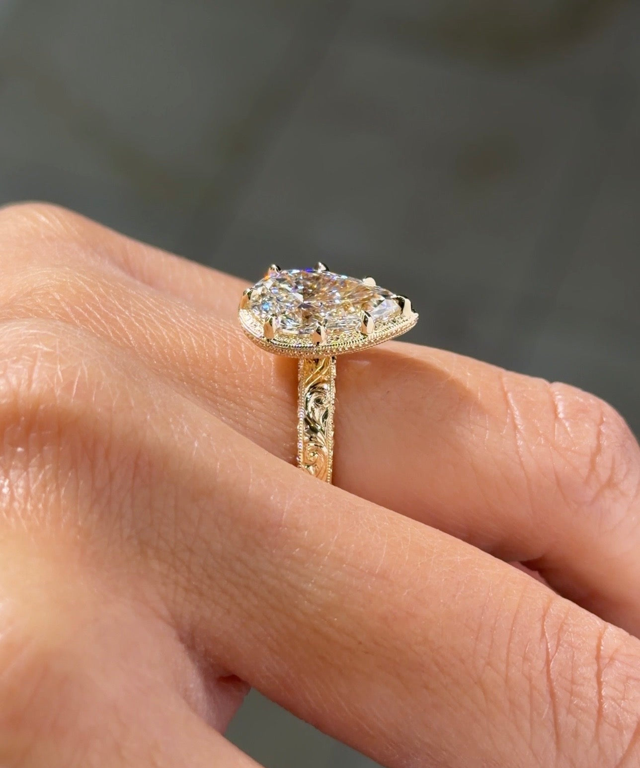 3.04ct E-VVS2 Pear Lab Diamond Hand Engraved Georgia - PBD Engagement Rings
