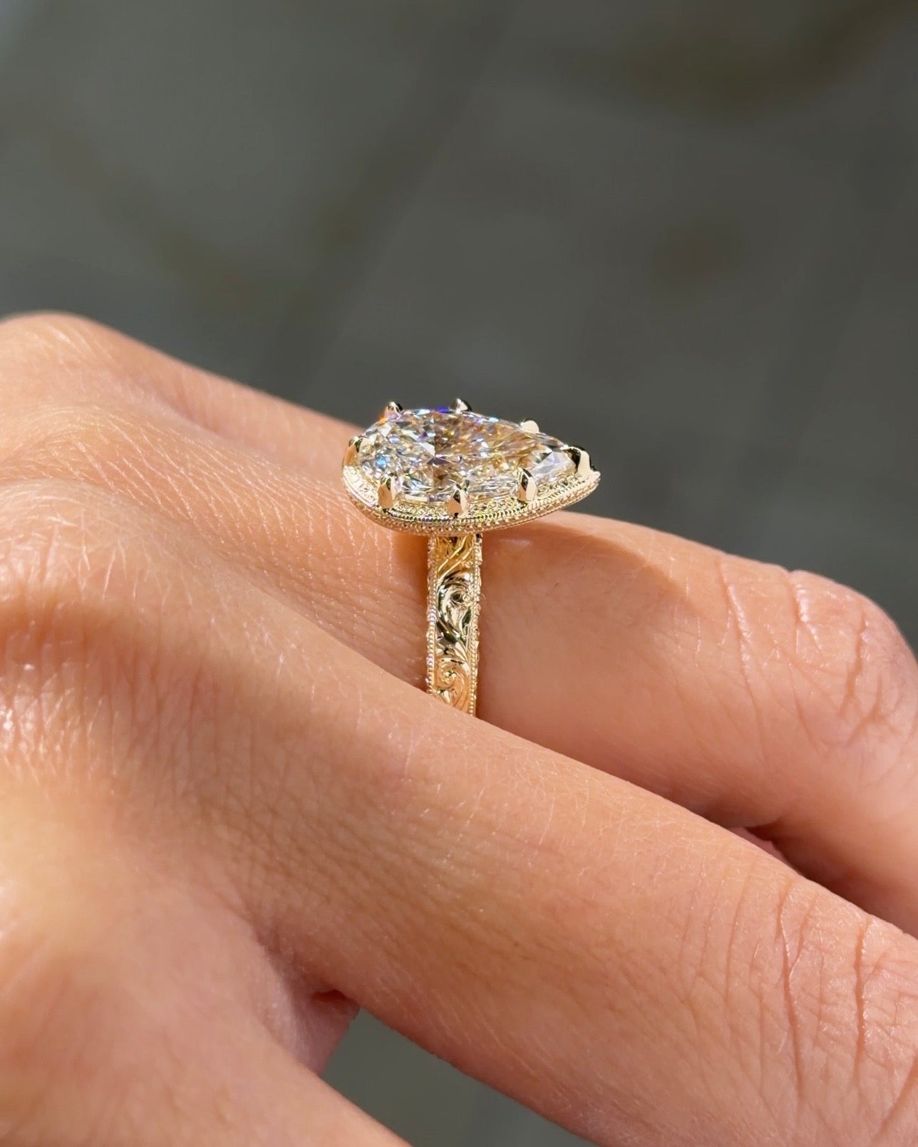 3.04ct E-VVS2 Pear Lab Diamond Hand Engraved Georgia - PBD Engagement Rings
