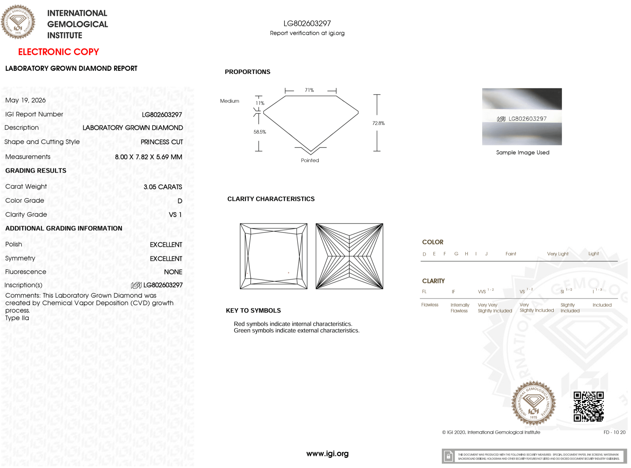 3.05 Carat D-VS1 Princess Lab Grown Diamond - IGI (126842) - PBD Loose Diamond