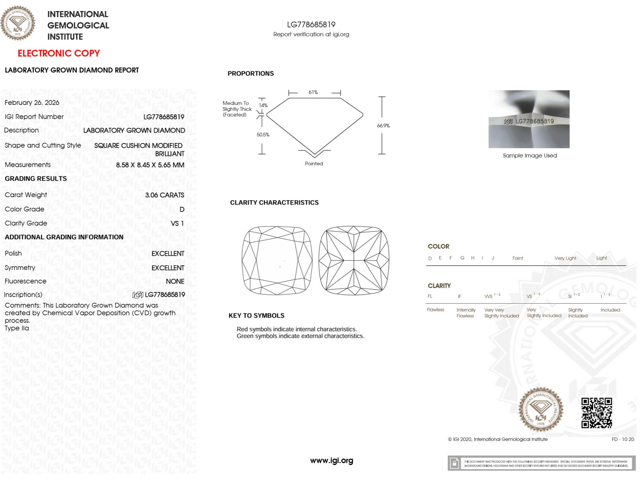 3.06 Carat D - VS1 Cushion Lab Grown Diamond - IGI (125352) - PBD Loose Diamond