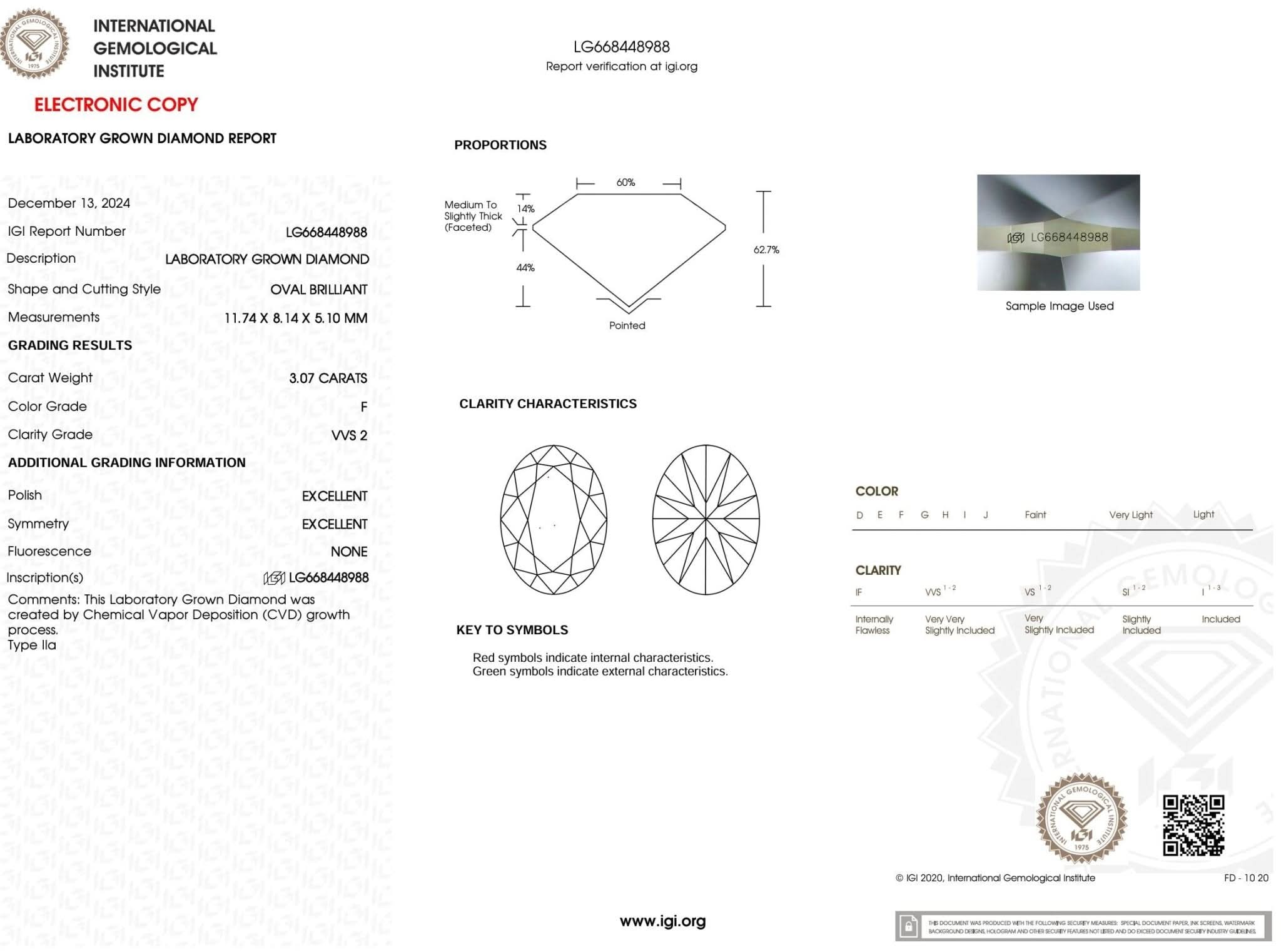 3.07 Carat F - VVS2 Oval Lab Grown Diamond - IGI (51928) - PBD Loose Diamond