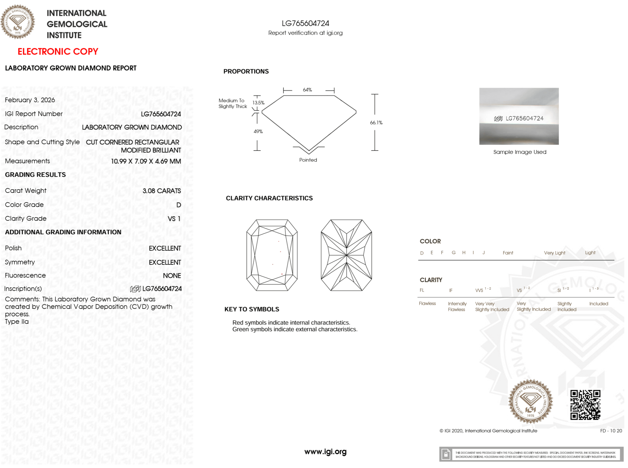 3.08 Carat D - VS1 Radiant Lab Grown Diamond - IGI (126271) - PBD Loose Diamond