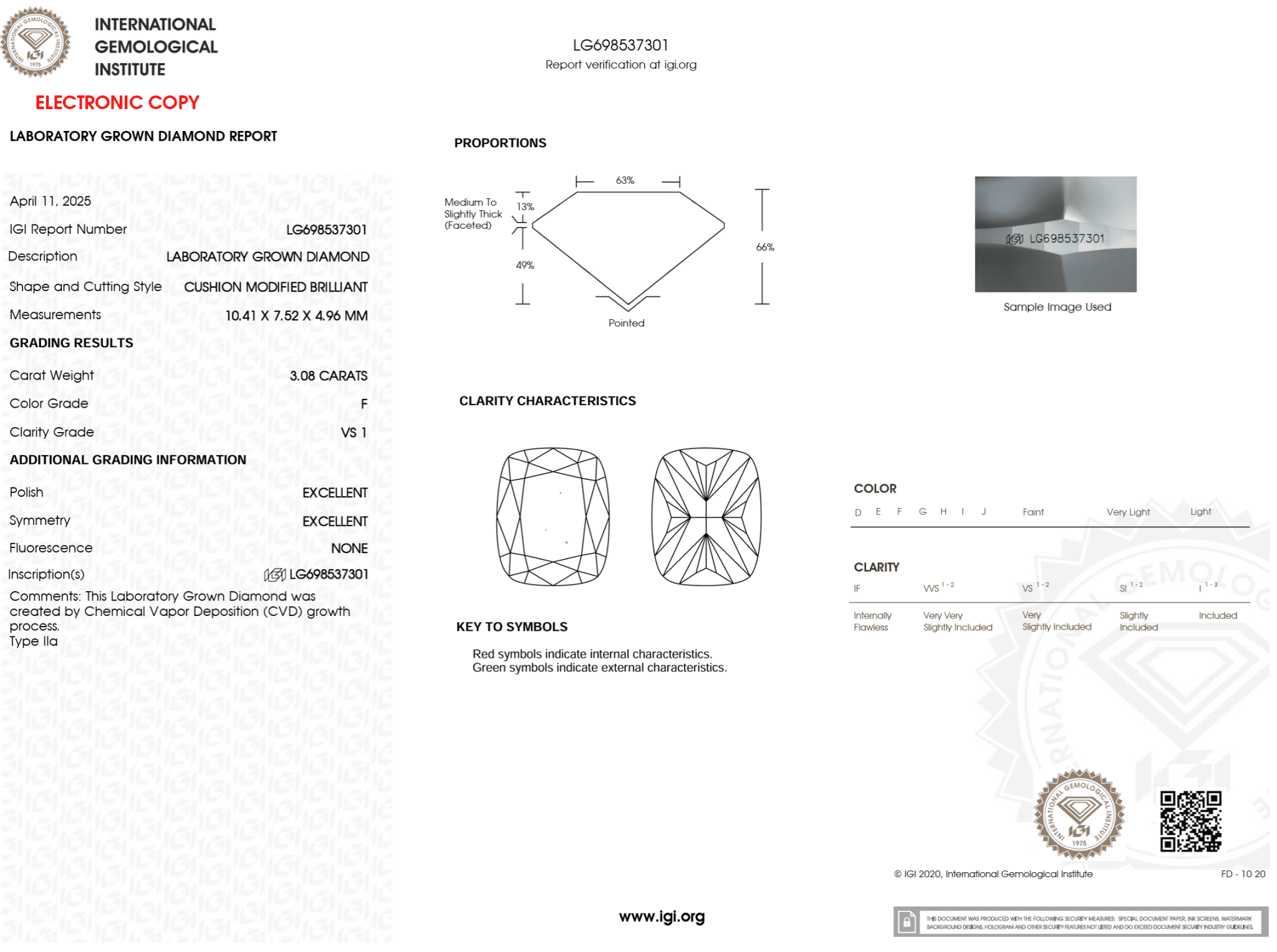 3.08 Carat F - VS1 Elongated Cushion Lab Grown Diamond - IGI (123349) - PBD Loose Diamond