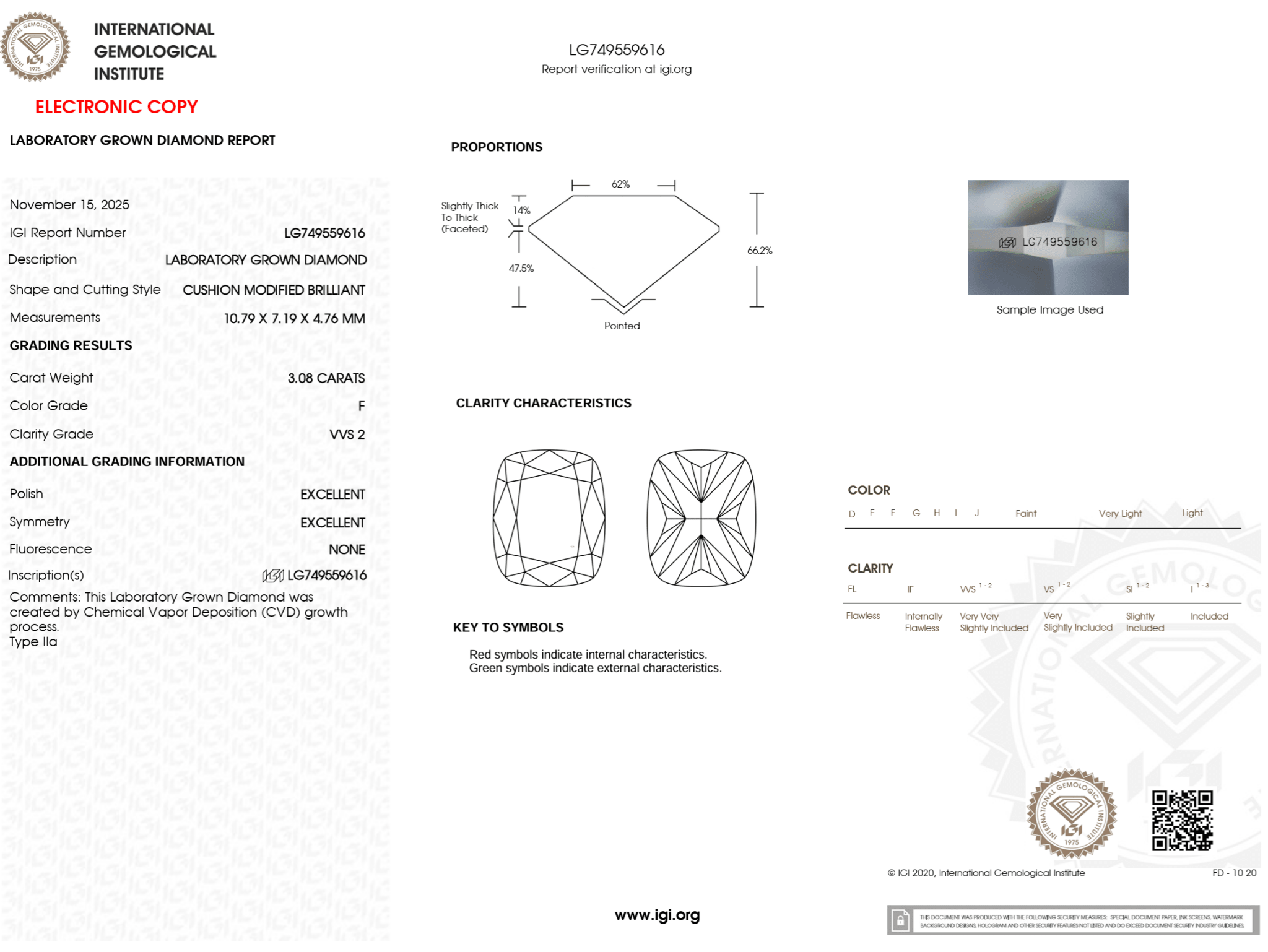 3.08 Carat F - VVS2 Cushion Lab Grown Diamond - IGI (125472) - PBD Loose Diamond
