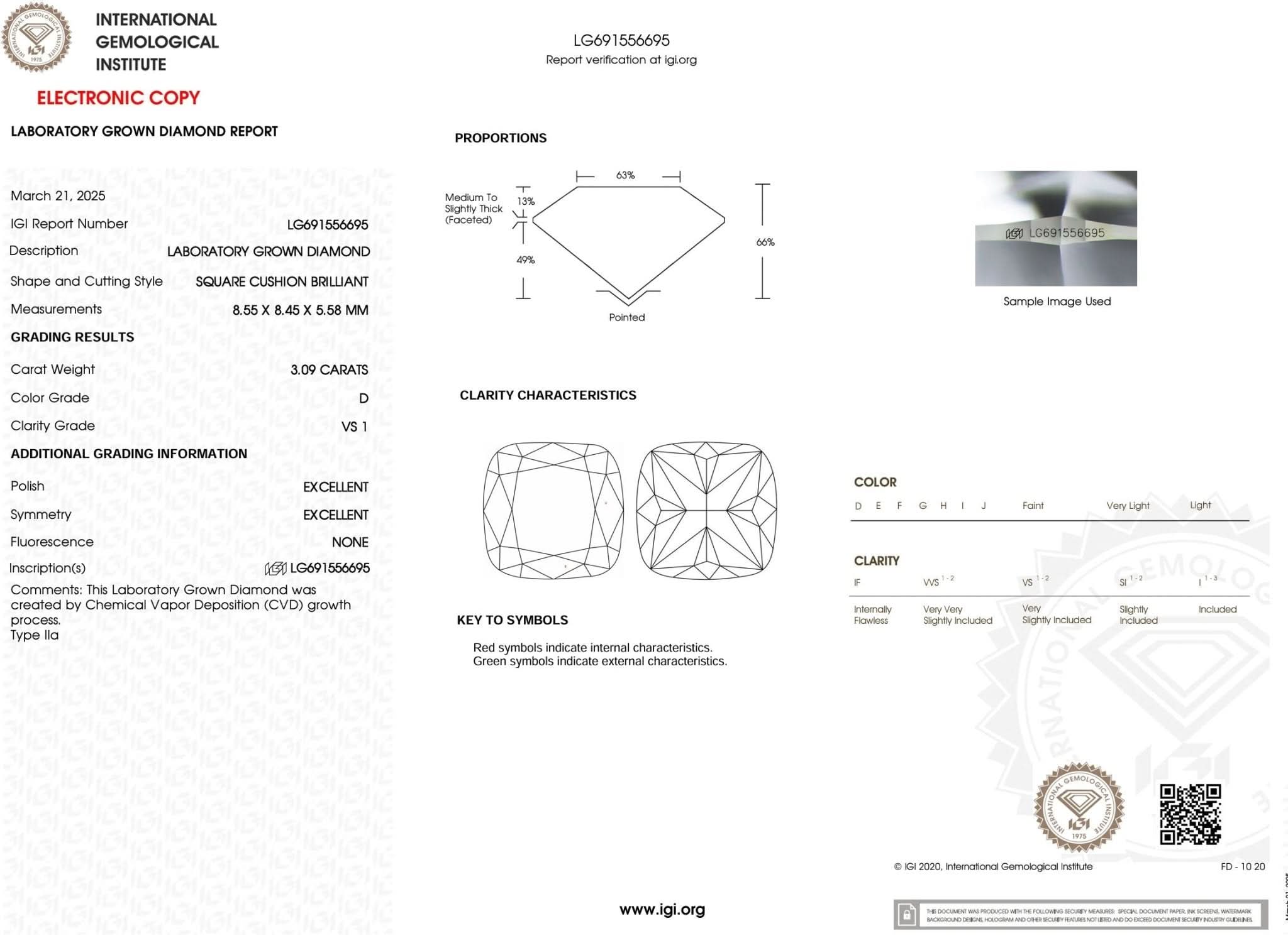 3.09 Carat D - VS1 Cushion Lab Grown Diamond - IGI (53575) - PBD Loose Diamond