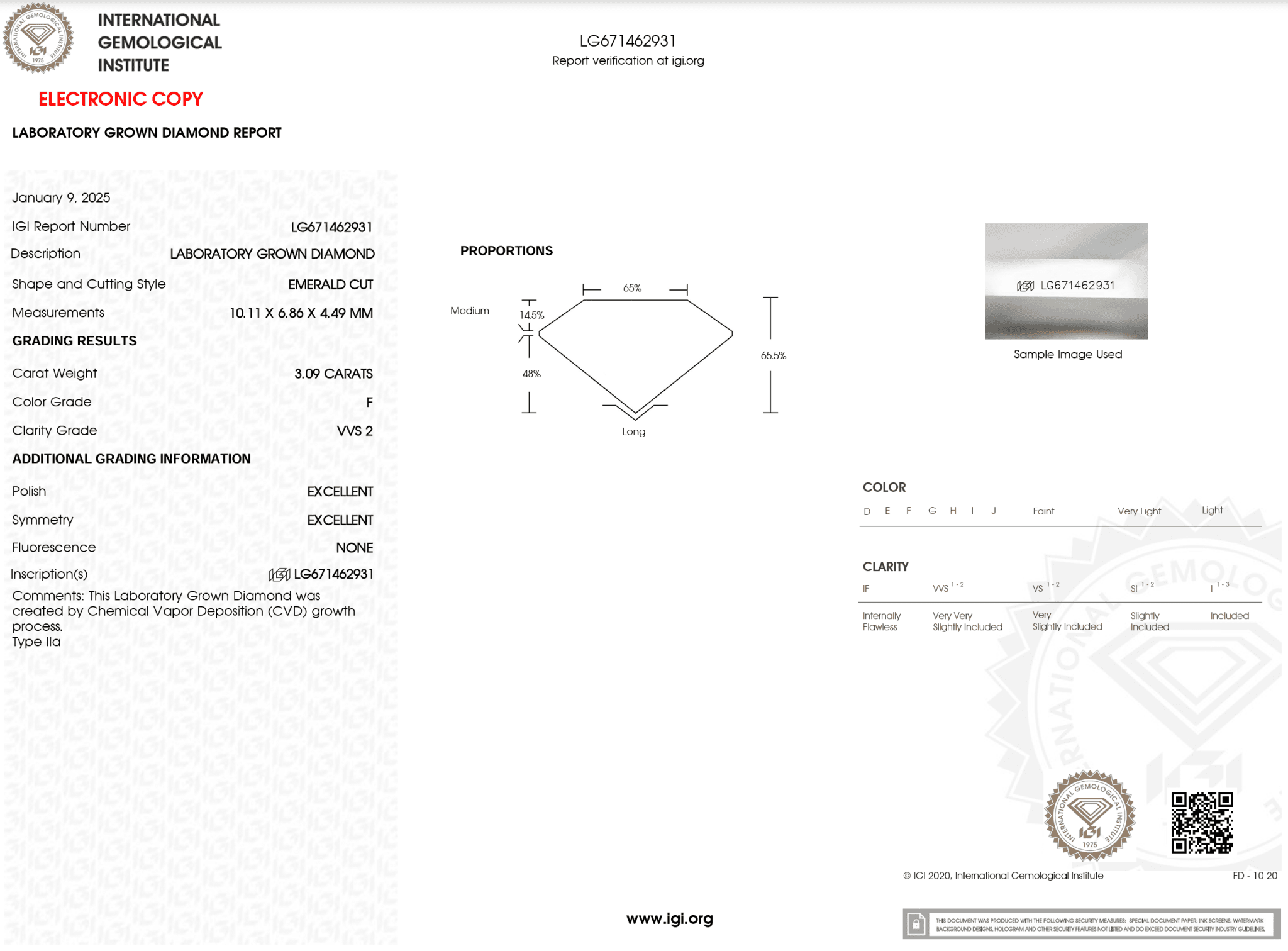 3.09 Carat F - VVS2 Emerald Lab Grown Diamond - IGI (121254) - PBD Loose Diamond