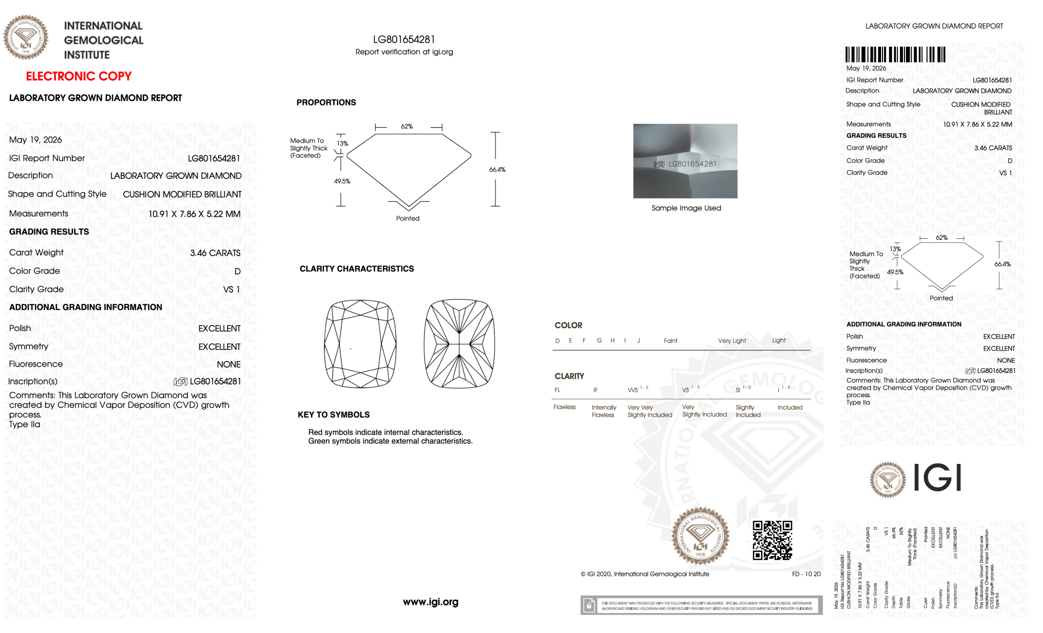 3.46 Carat D-VS1 Elongated Cushion Lab Grown Diamond - IGI (128101) - PBD Loose Diamond