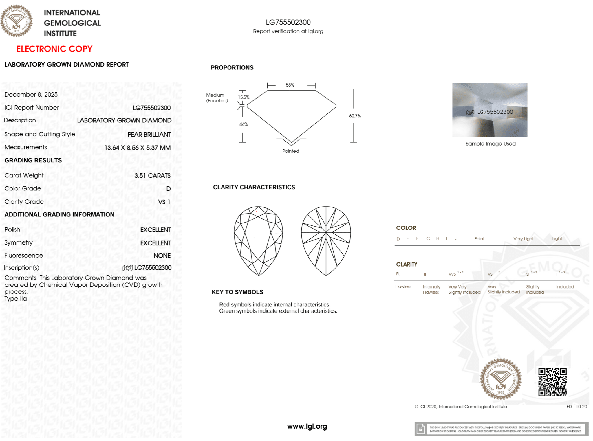 3.51 Carat D - VS1 Pear Lab Grown Diamond - IGI (125000) - PBD Loose Diamond