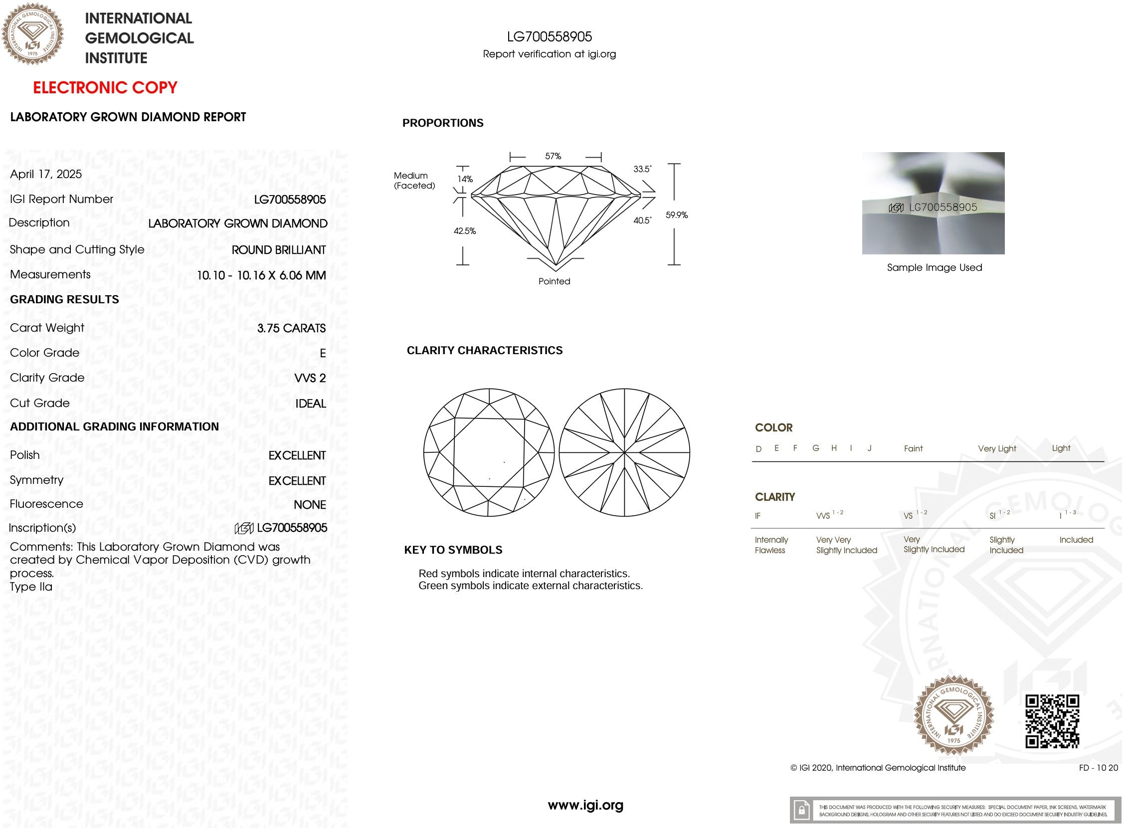 3.75 Carat E-VVS2 Round Lab Grown Diamond - IGI (#53925) Loose Diamond Princess Bride Diamonds 