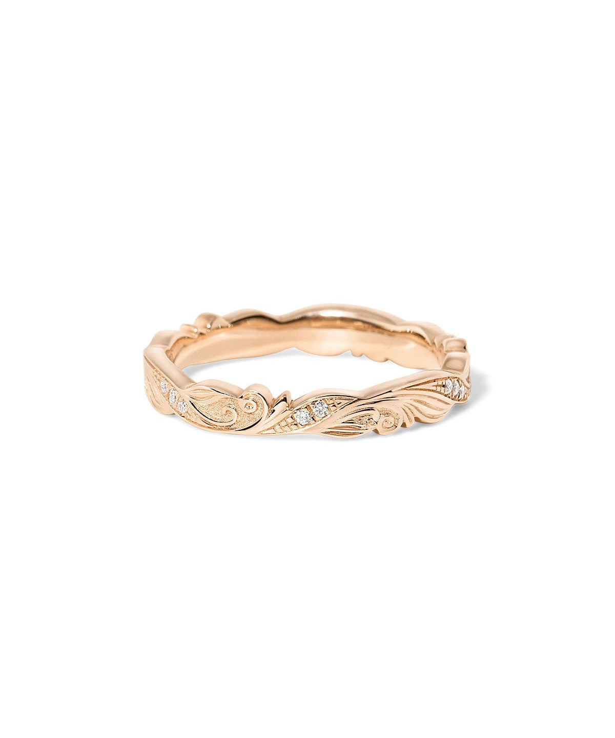 Josephine wedding band with hand-engraved scroll detailing and subtle diamond accents set in gold at Princess Bride Diamonds jewelry store in Orange County