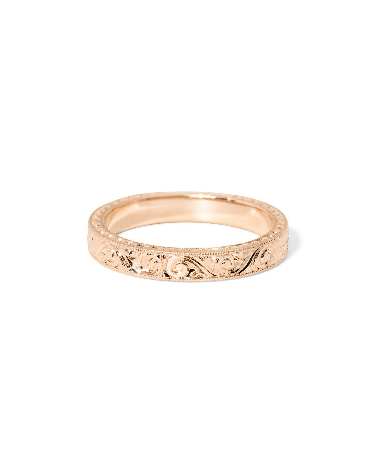 Kai 3mm wedding band with all-over hand-engraved gold texture and vintage-inspired detail at Princess Bride Diamonds jewelry store in Orange County