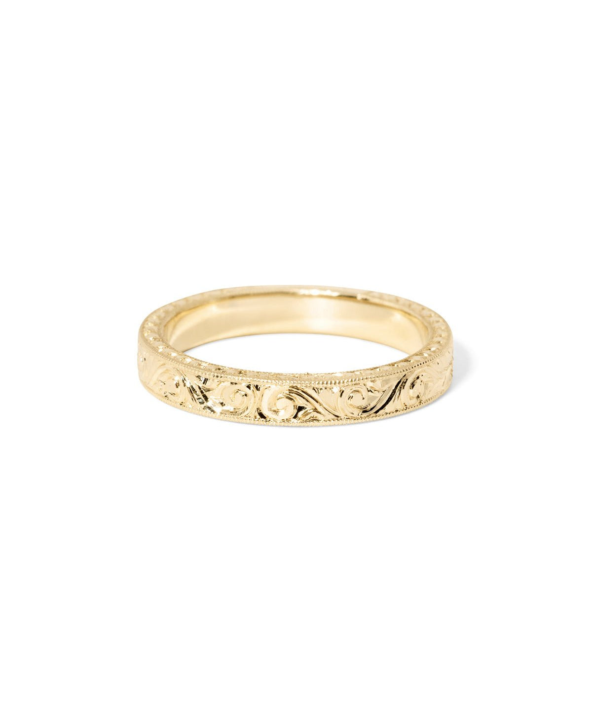 Kai 3mm wedding band with all-over hand-engraved gold texture and vintage-inspired detail at Princess Bride Diamonds jewelry store in Orange County