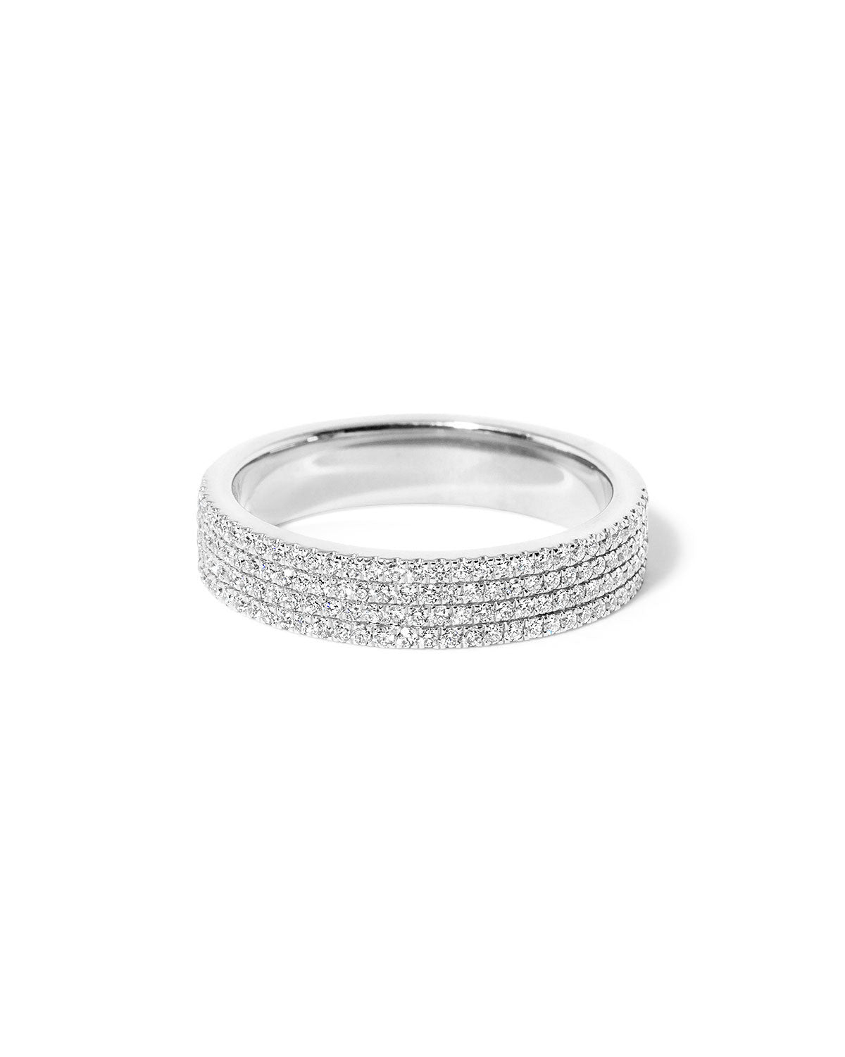 4 Row Pavé wedding band with four rows of sparkling diamonds set in polished gold at Princess Bride Diamonds jewelry store in Orange County