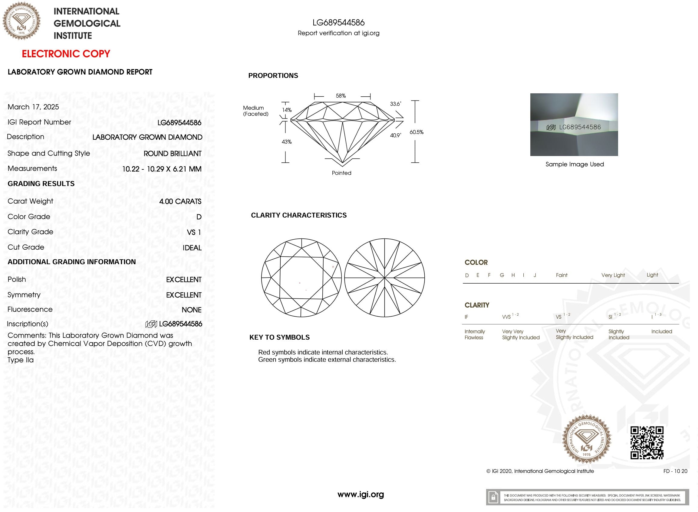 4.00 Carat D-VS1 Round Lab Grown Diamond - IGI (#53648) Loose Diamond Princess Bride Diamonds 