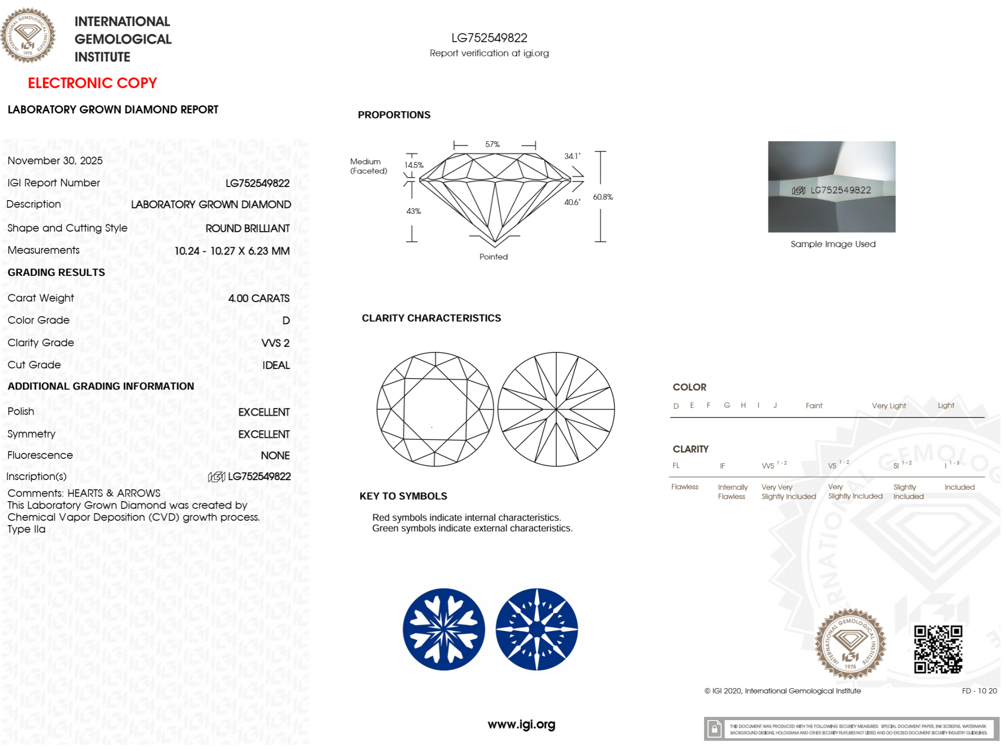 4.00 Carat D - VVS2 H&A Round Lab Grown Diamond - IGI (124996) - PBD Loose Diamond