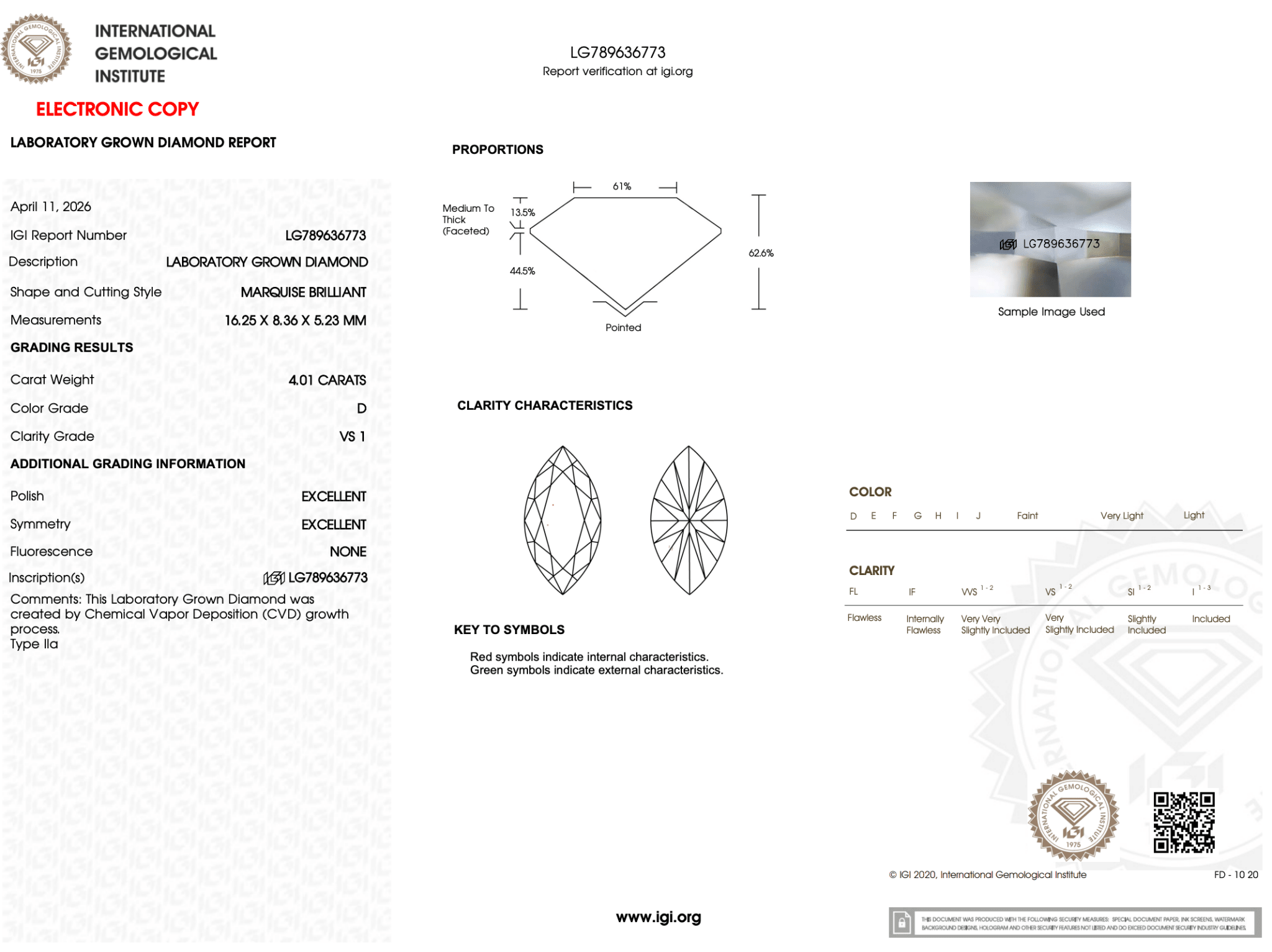 4.01 Carat D-VS1 Marquise Lab Grown Diamond - IGI (126479) - PBD Loose Diamond