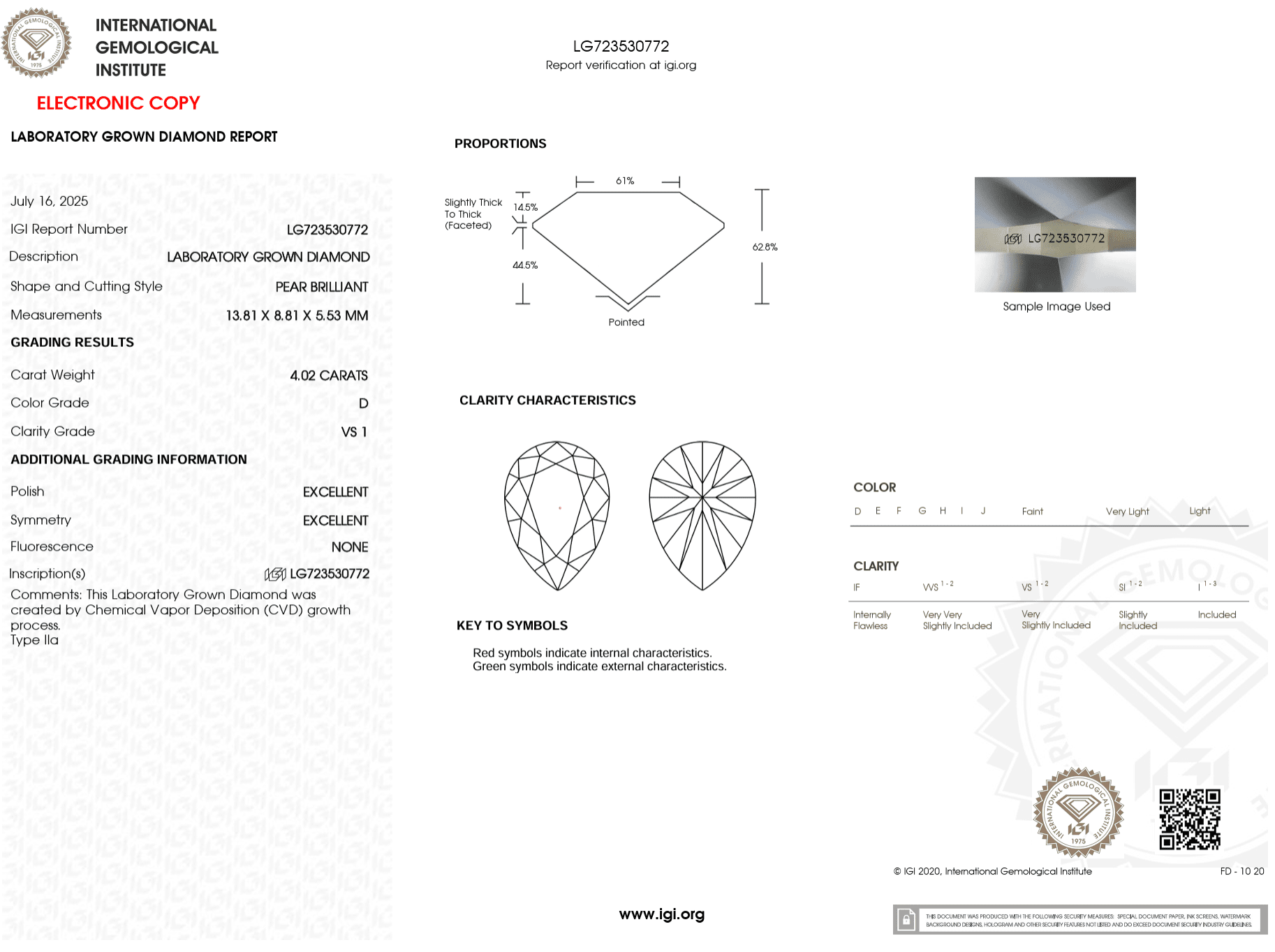 4.02 Carat D - VS1 Pear Lab Grown Diamond - IGI (121787) - PBD Loose Diamond