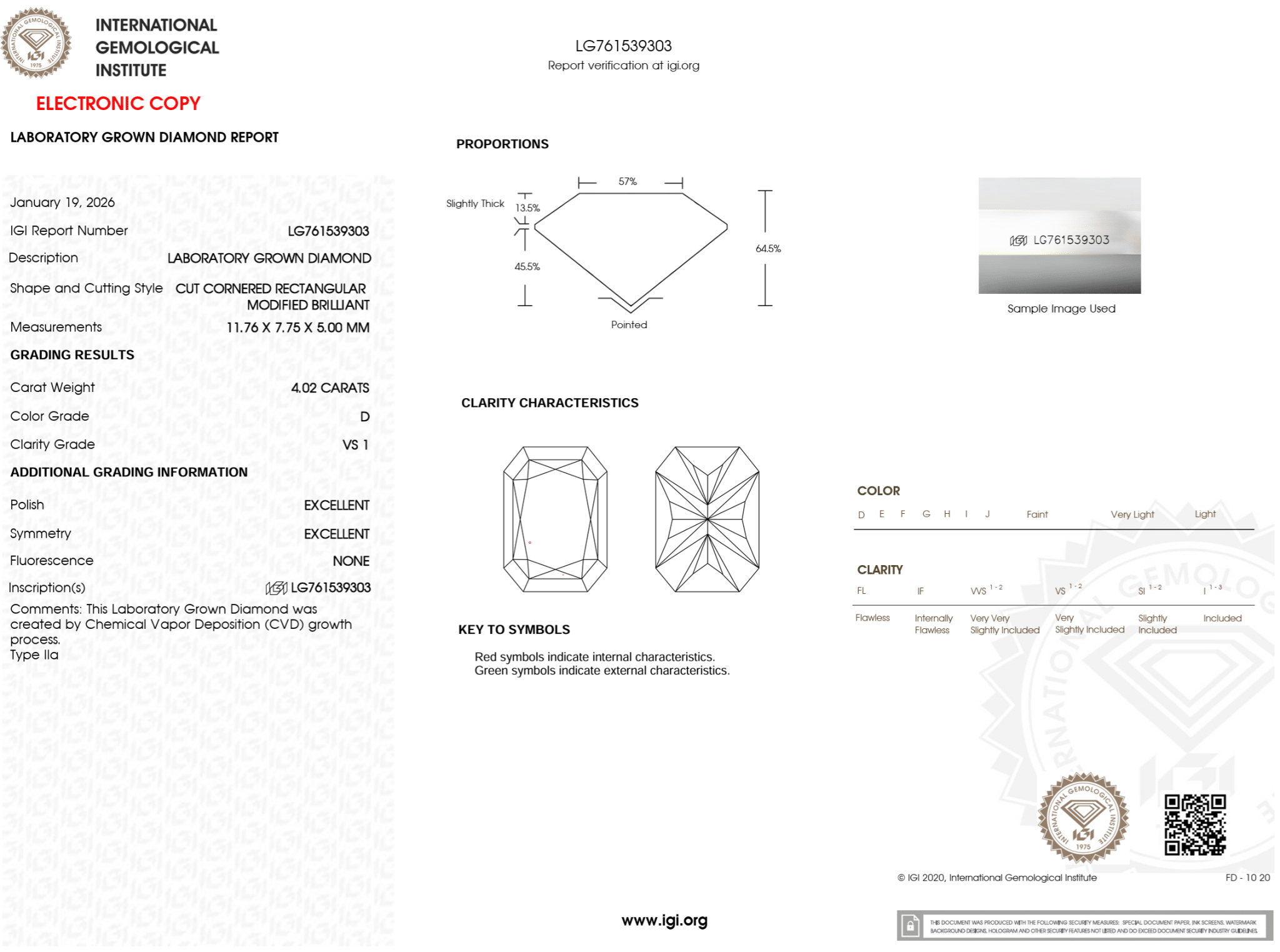 4.02 Carat D - VS1 Radiant Lab Grown Diamond - IGI (124800) - PBD Loose Diamond