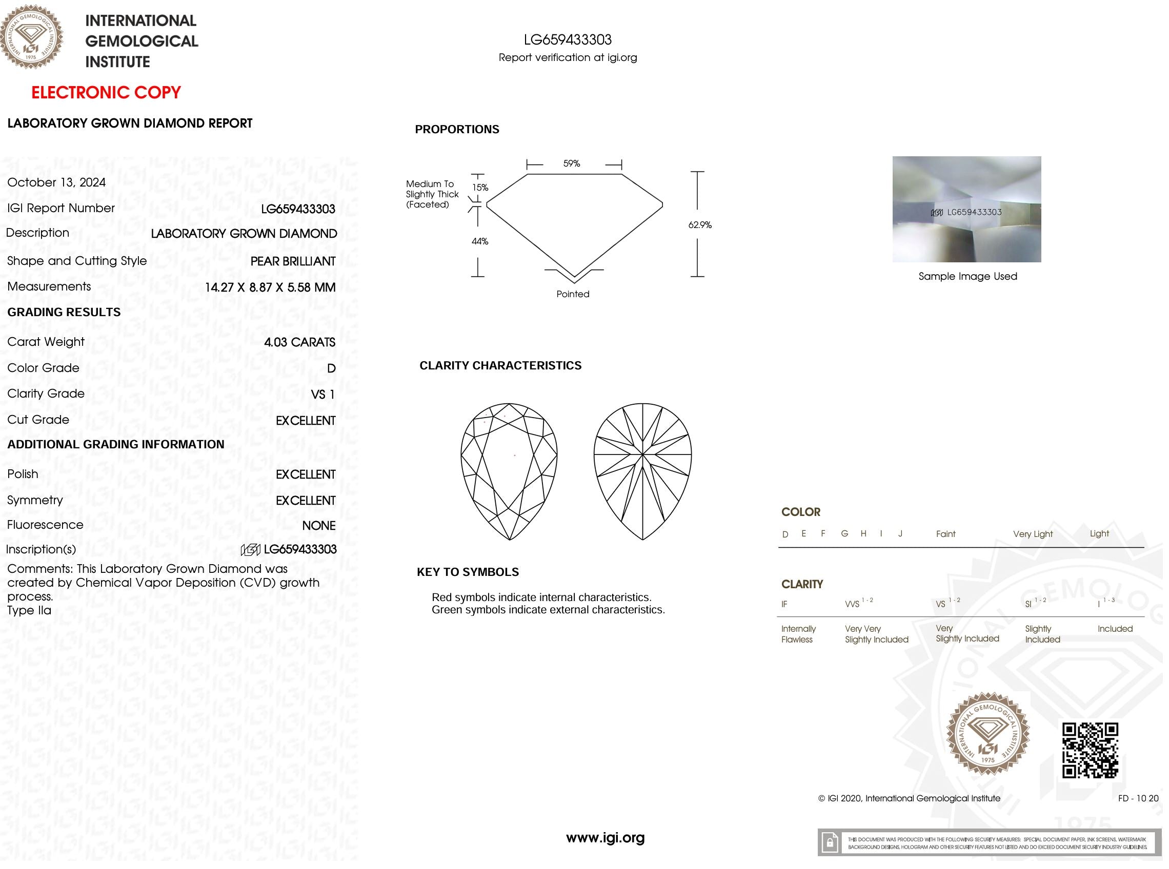 4.03 Carat D-VS1 Excellent Cut Pear Lab Grown Diamond - IGI (#51564) Loose Diamond Princess Bride Diamonds 