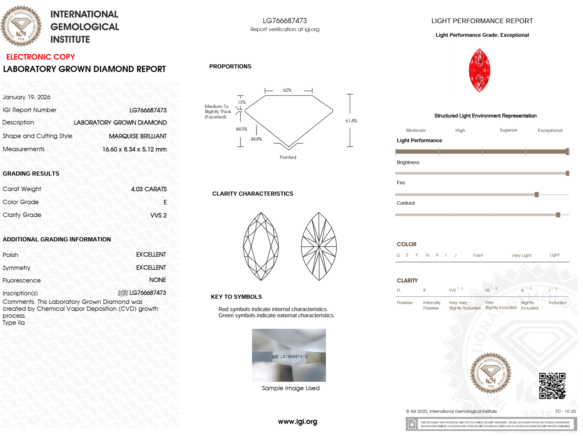 4.03 Carat E - VVS2 Marquise Lab Grown Diamond - IGI (124786) - PBD Loose Diamond