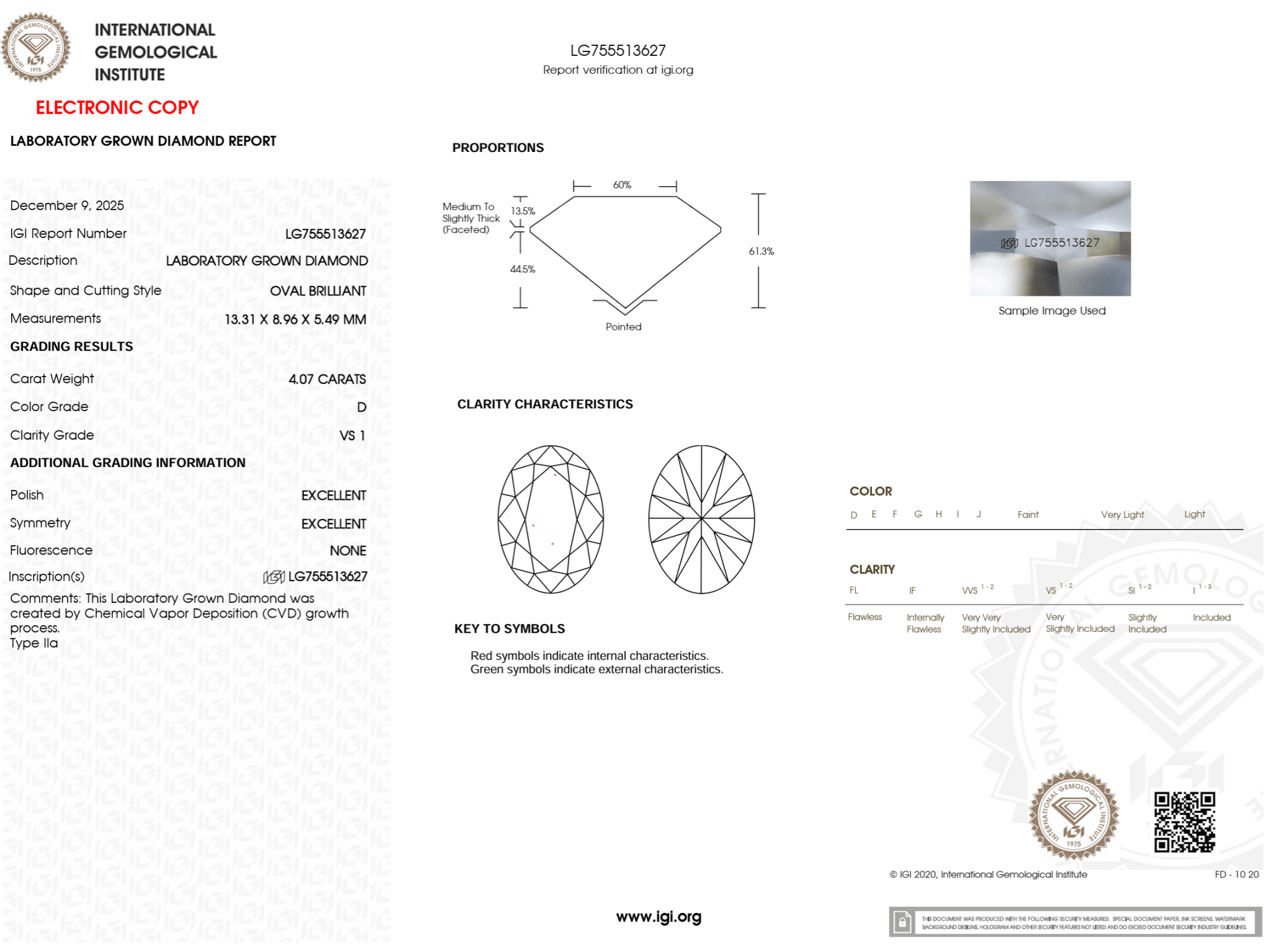 4.07 Carat D - VS1 Oval Lab Grown Diamond - IGI (126276) - PBD Loose Diamond