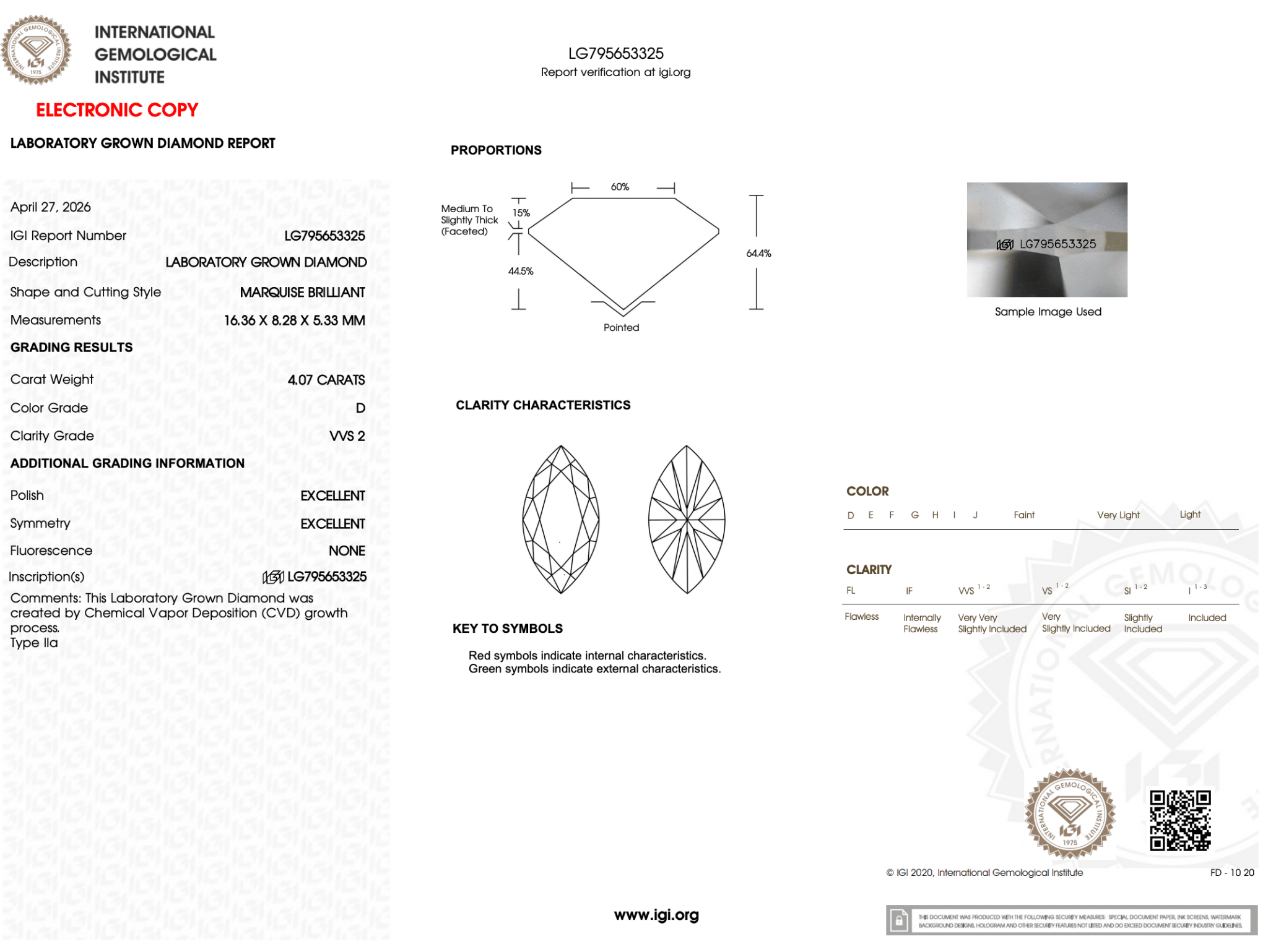 4.07 Carat D-VVS2 Marquise Lab Grown Diamond - IGI (126480) - PBD Loose Diamond