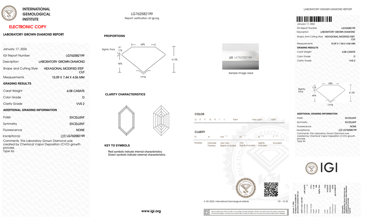 4.08 Carat D-VVS2 Hexagon Lab Grown Diamond - IGI (127176) - PBD Loose Diamond