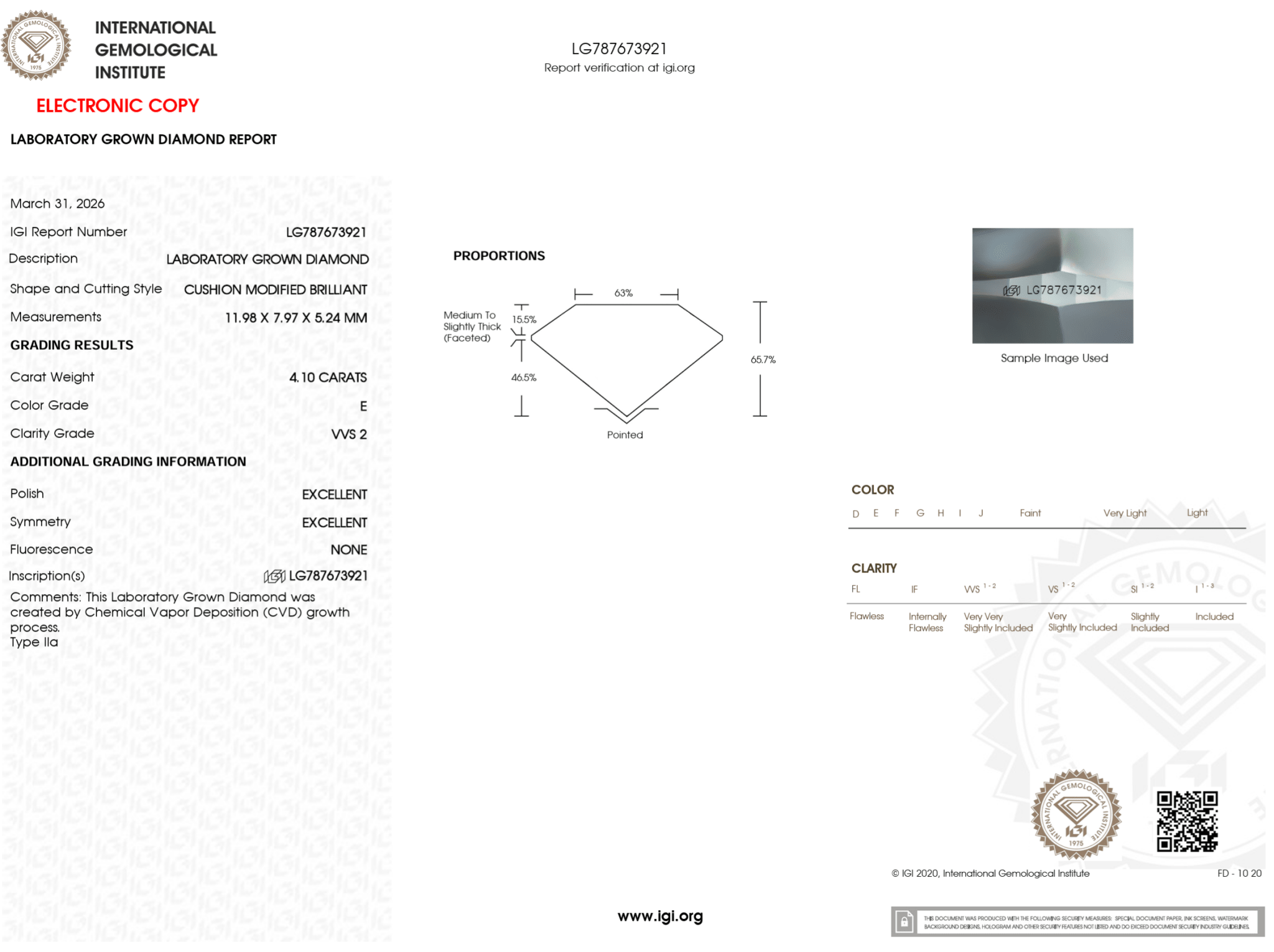 4.10 Carat E - VVS2 Elongated Cushion Lab Grown Diamond - IGI (125814) - PBD Loose Diamond