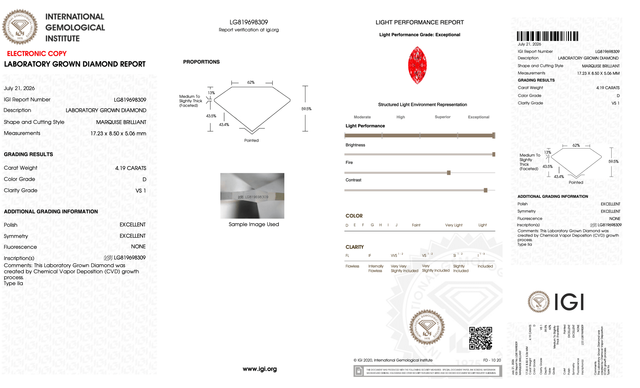 4.19 Carat D-VS1 Marquise Lab Grown Diamond - IGI (128086) - PBD Loose Diamond