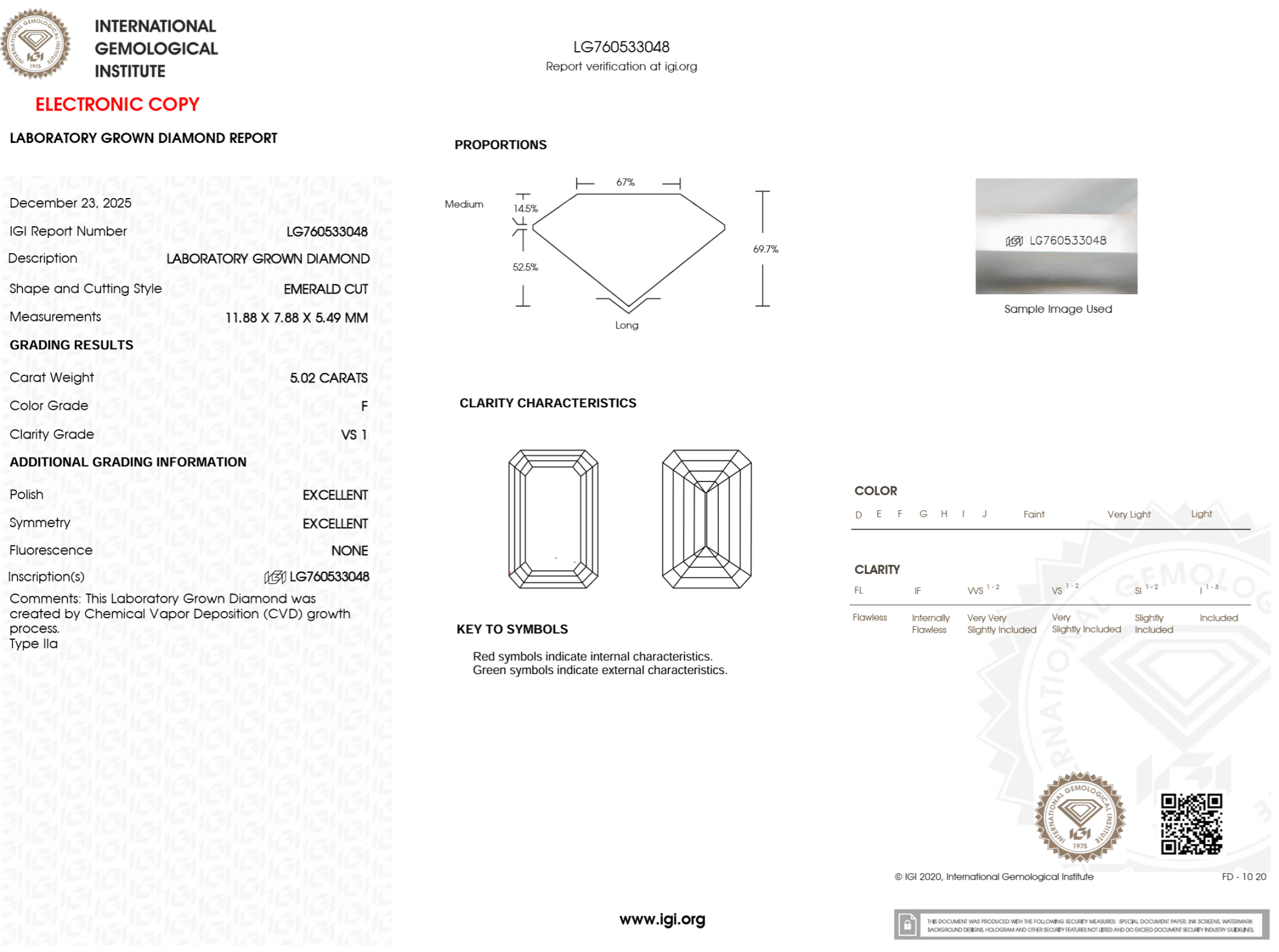 5.02 Carat F - VS1 Emerald Lab Grown Diamond - IGI (124991) - PBD Loose Diamond