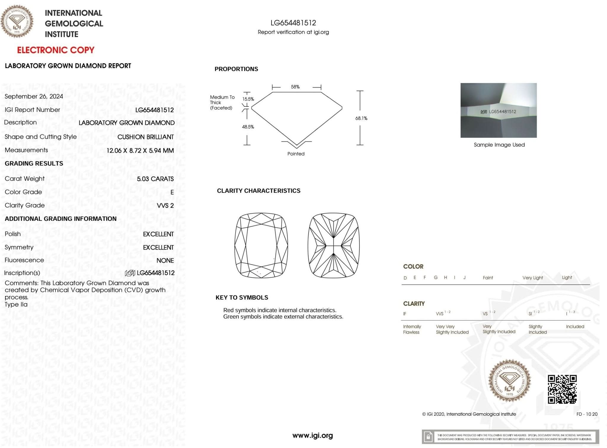 5.03 Carat E - VVS2 Elongated Cushion Lab Grown Diamond - IGI (54136) - PBD Loose Diamond
