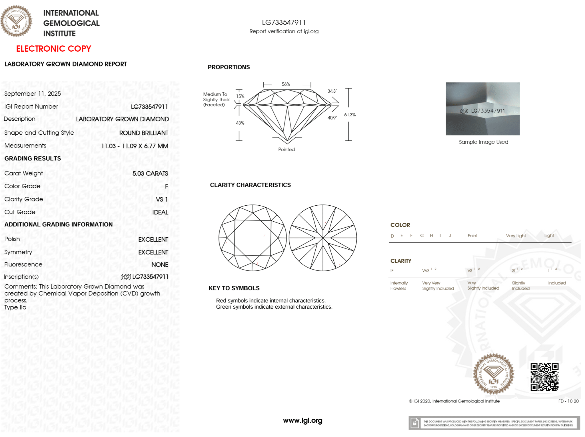 5.03 Carat F - VS1 Round Lab Grown Diamond - IGI (125200) - PBD Loose Diamond