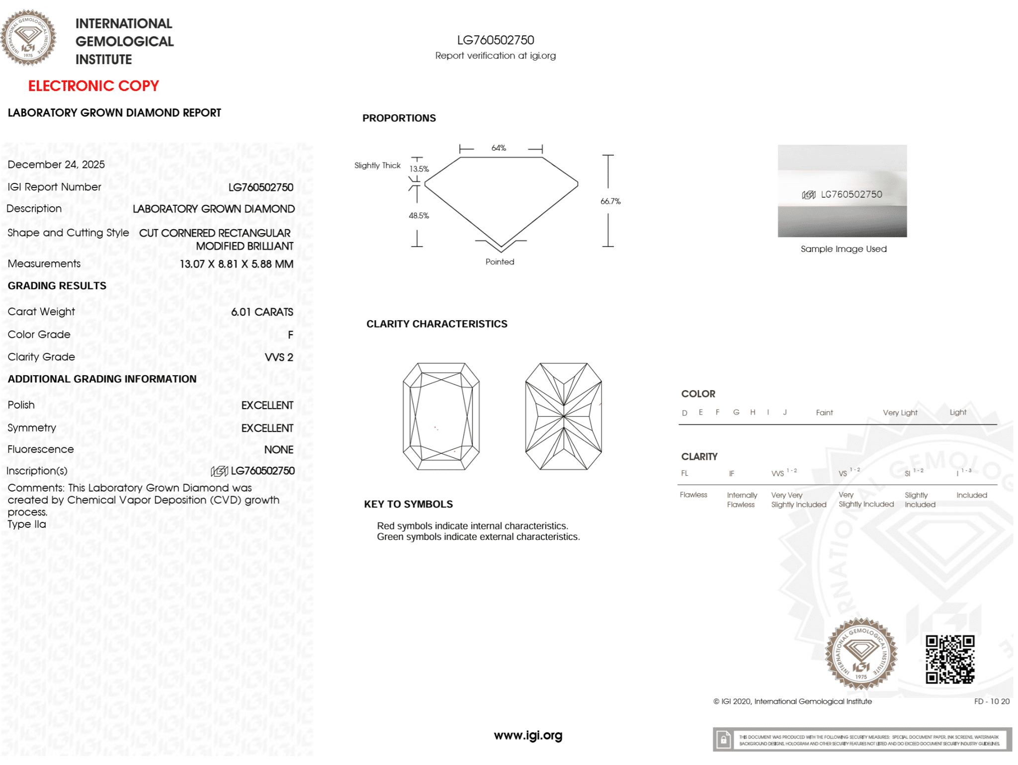 6.01 Carat F - VVS2 Radiant Lab Grown Diamond - IGI (123799) - PBD Loose Diamond