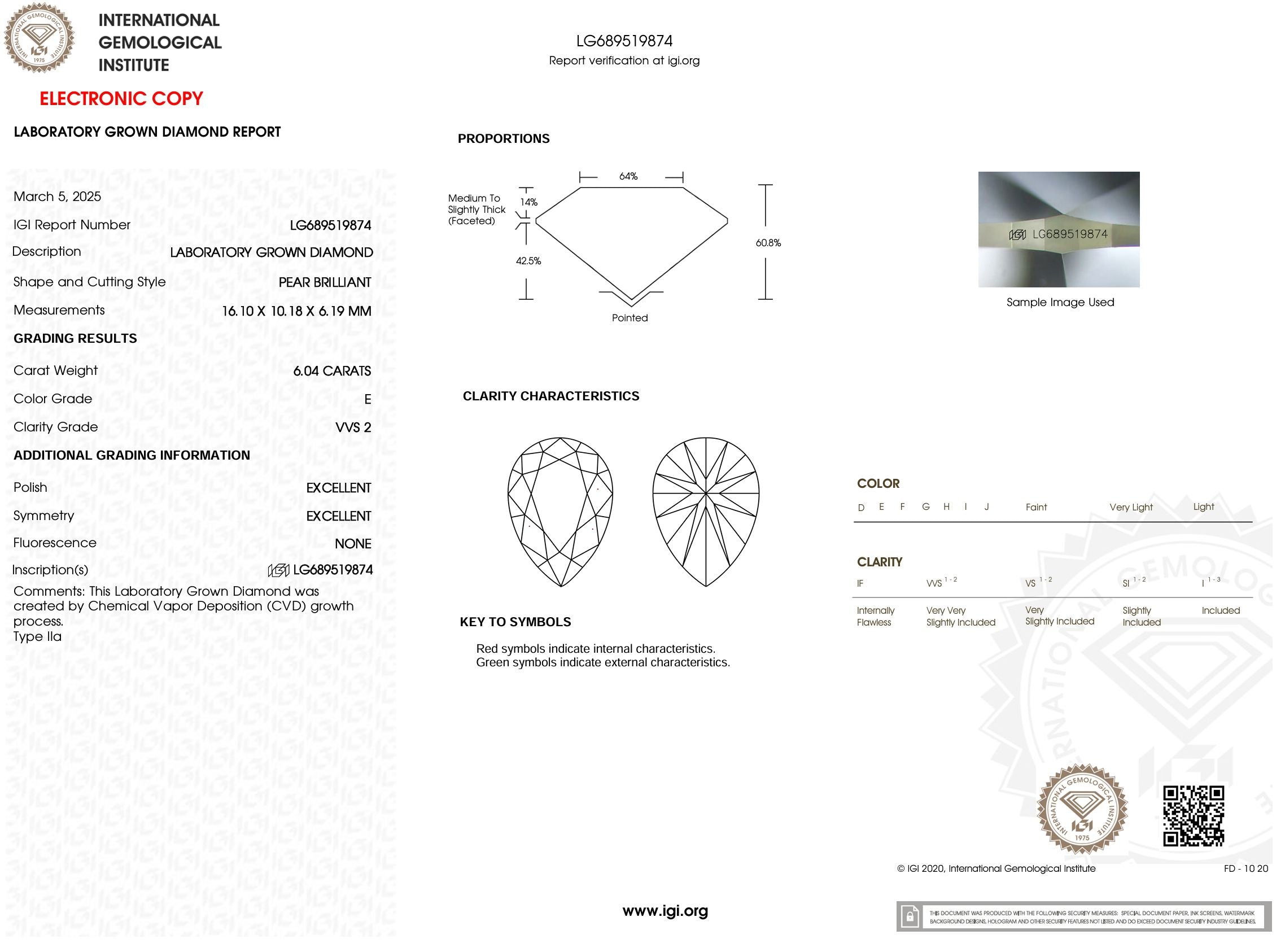 6.04 Carat E-VVS2 Pear Lab Grown Diamond - IGI (#54010) Loose Diamond Princess Bride Diamonds 