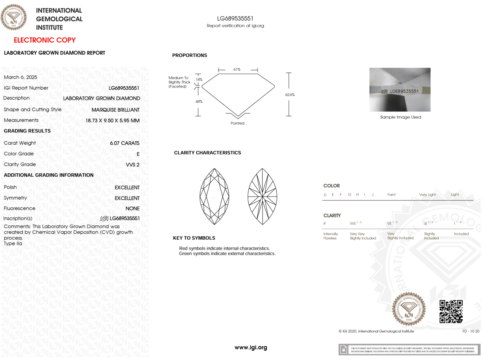 6.07 Carat E - VVS2 Marquise Lab Grown Diamond - IGI (125676) - PBD Loose Diamond