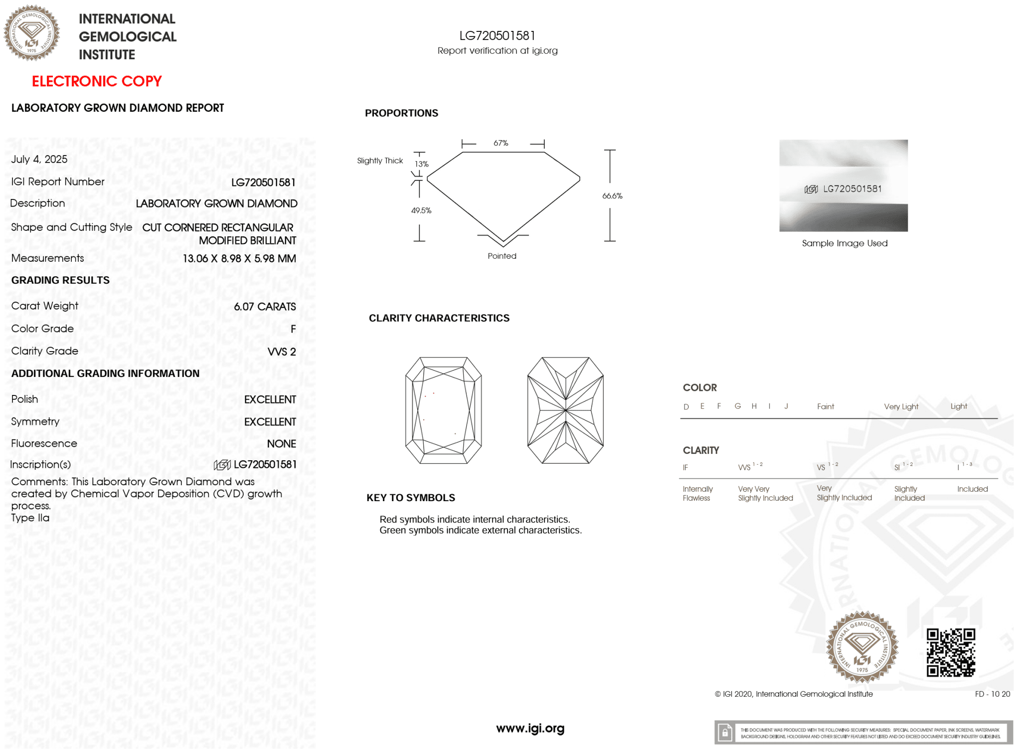 6.07 Carat F - VVS2 Radiant Lab Grown Diamond - IGI (121001) - PBD Loose Diamond